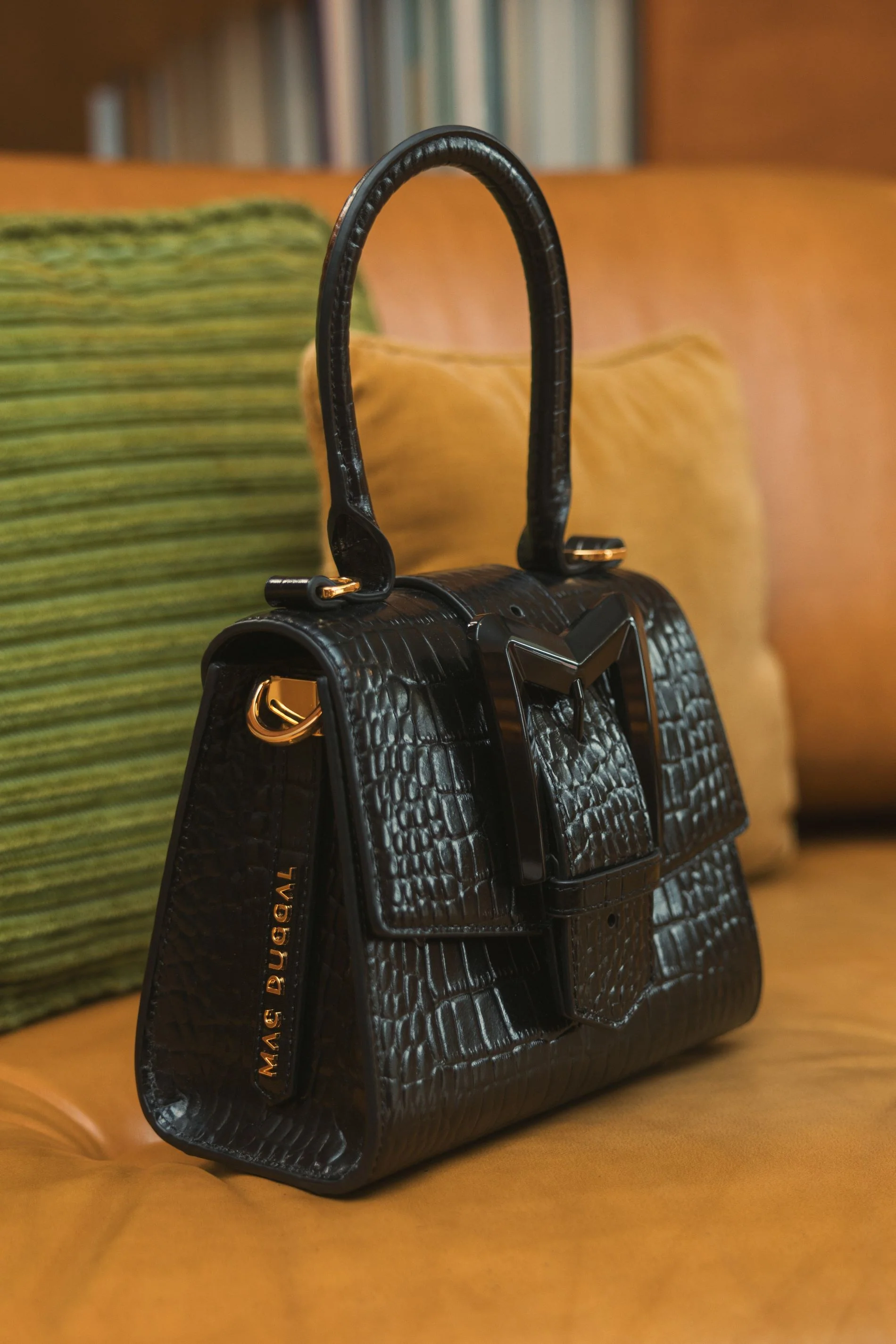 Buckled Mini Croco Black Leather Handbag with Detachable Strap