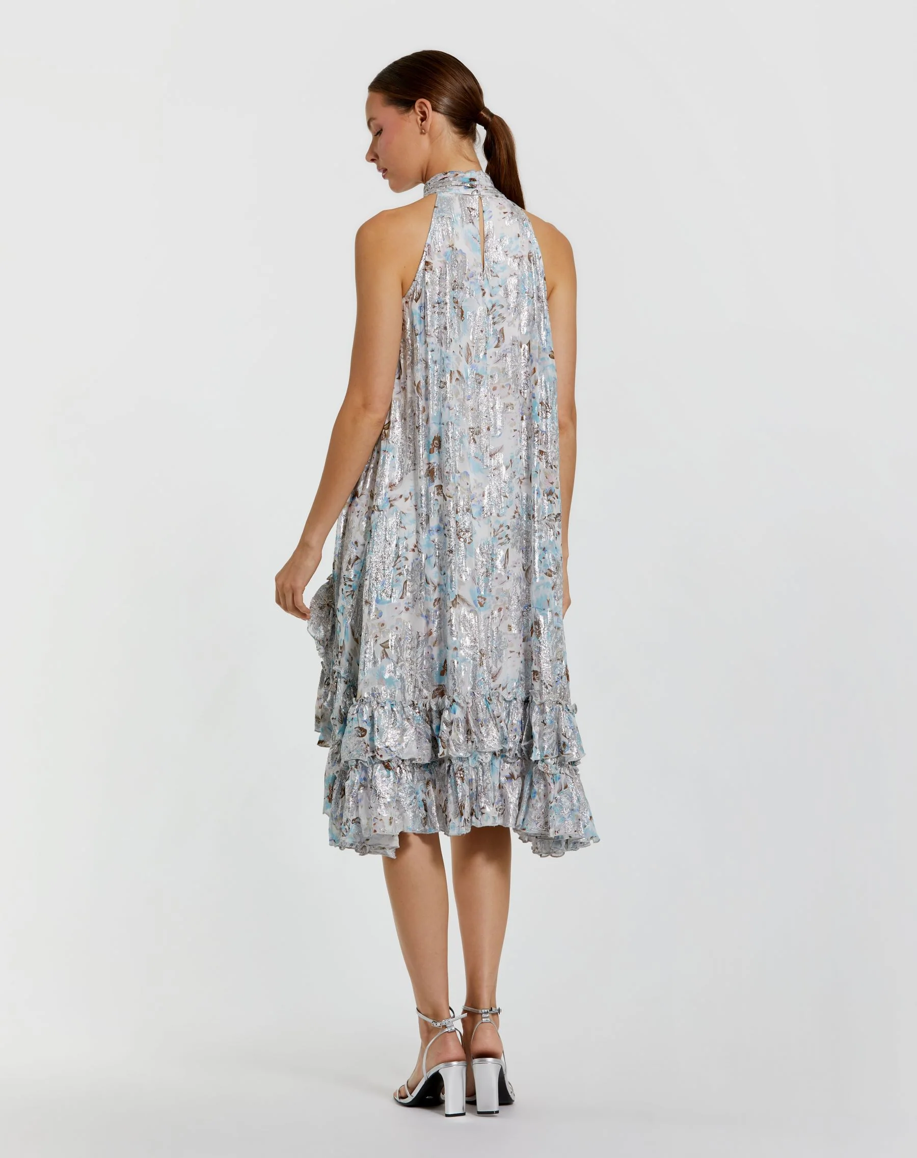 Multicolor Floral High Neck Keyhole A-Line Floral Ruffle Mini Dress