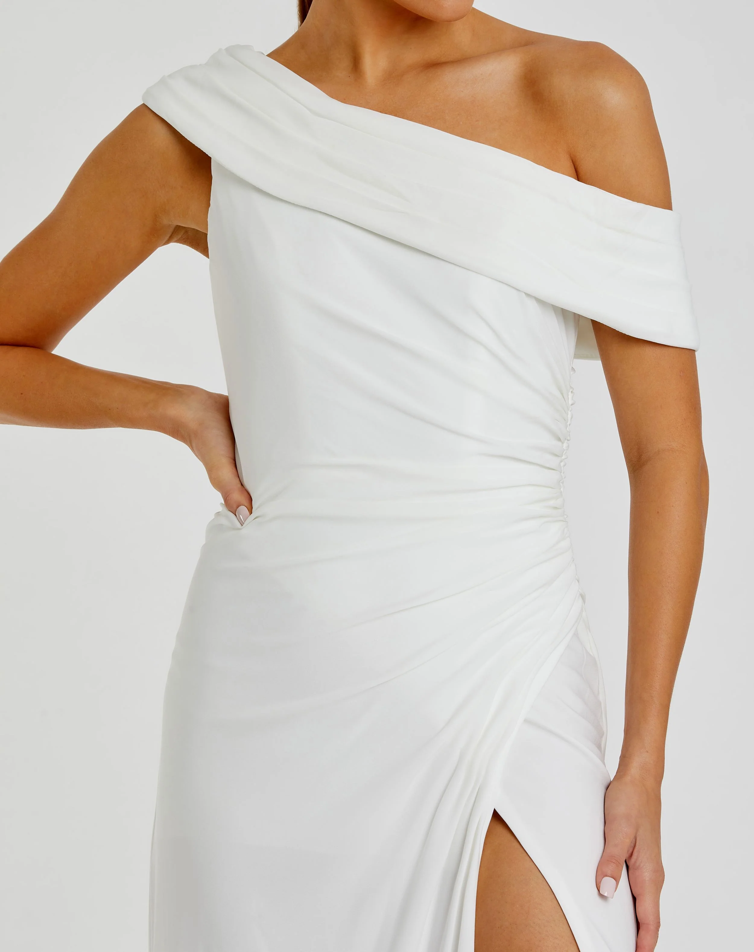 White Foldover Off-the-Shoulder Slit Gown