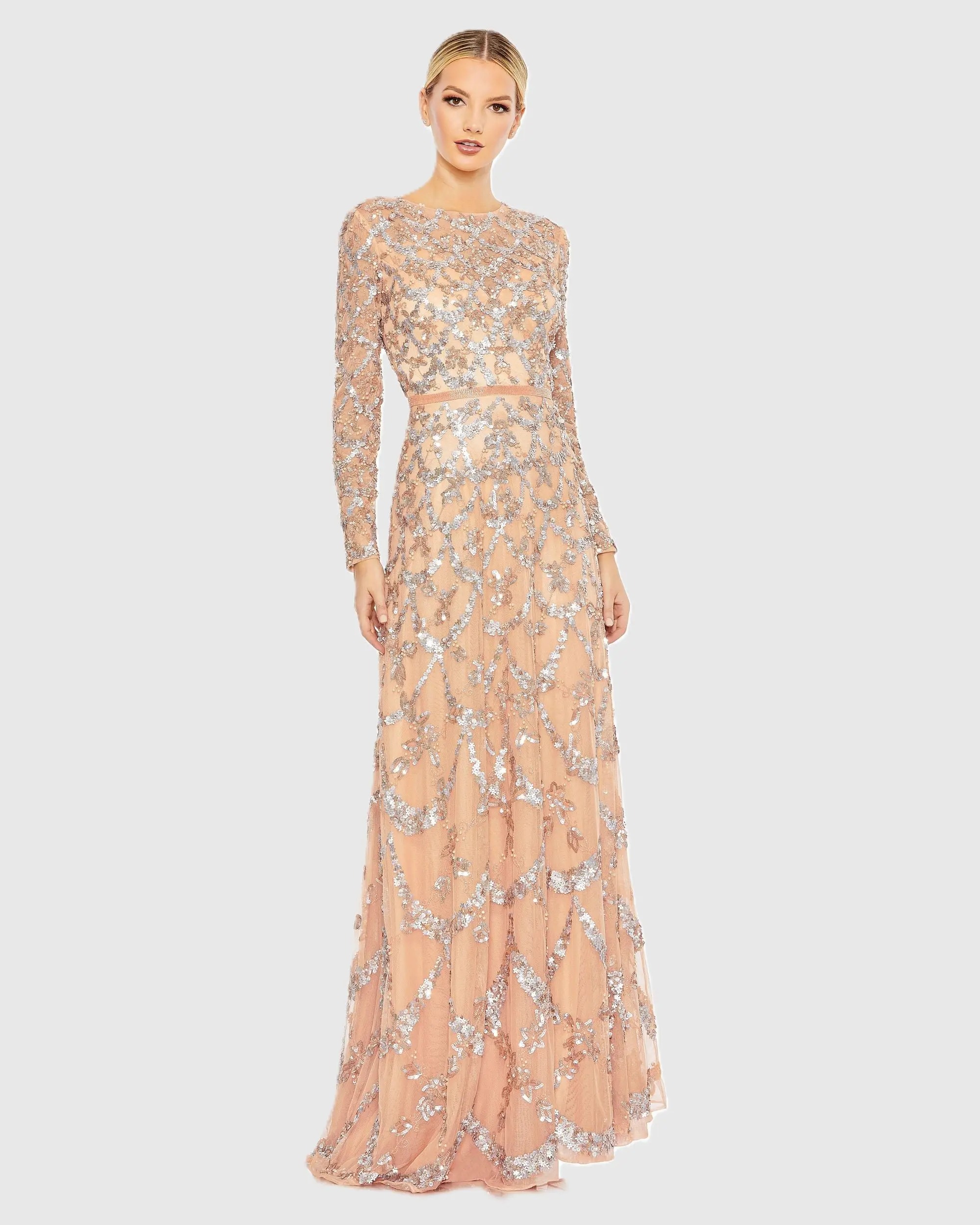 Pink Embellished Illusion High Neck Long Sleeve A Line Gown