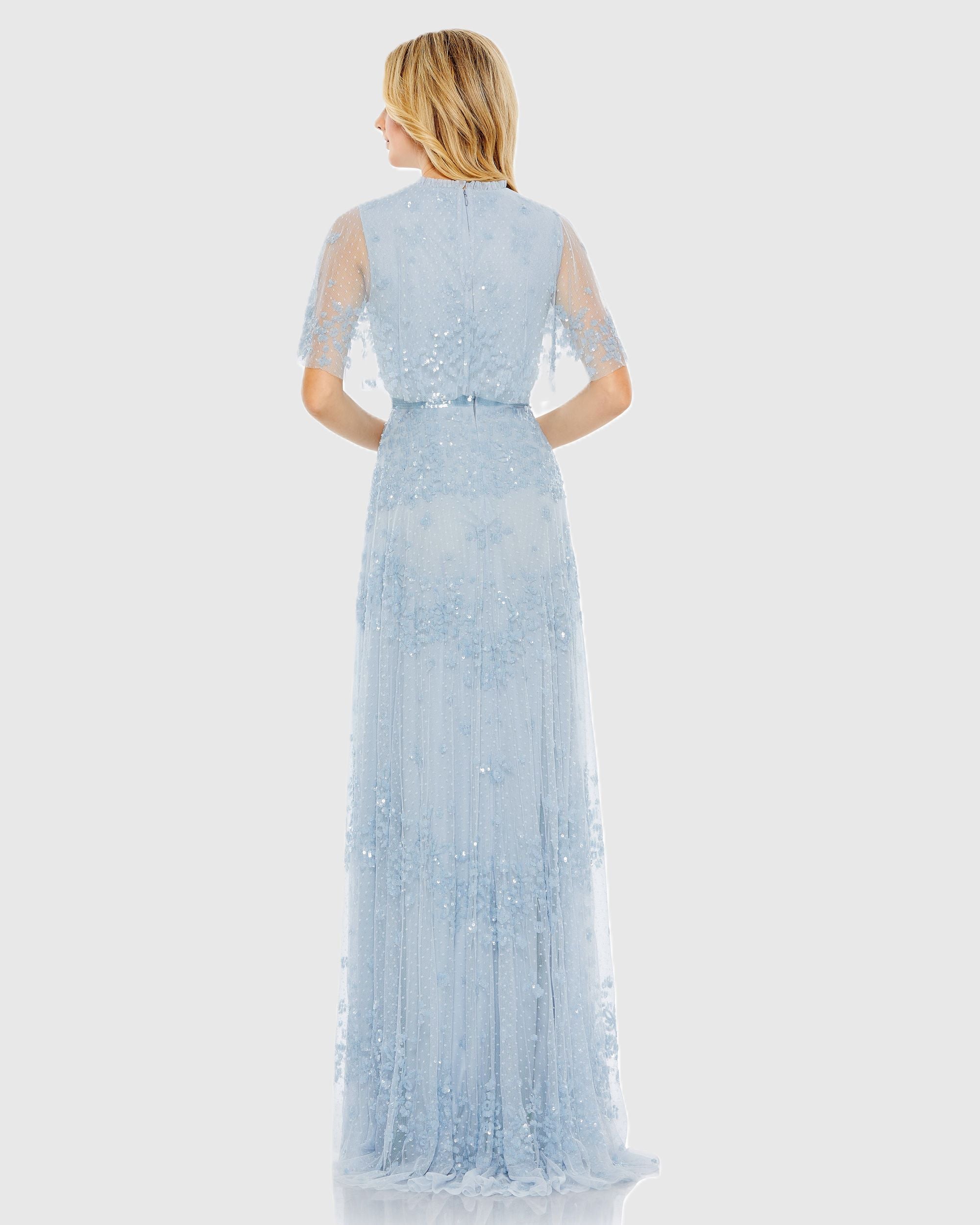 Blue Sequined High Neck Flutter Sleeve A Line Gown