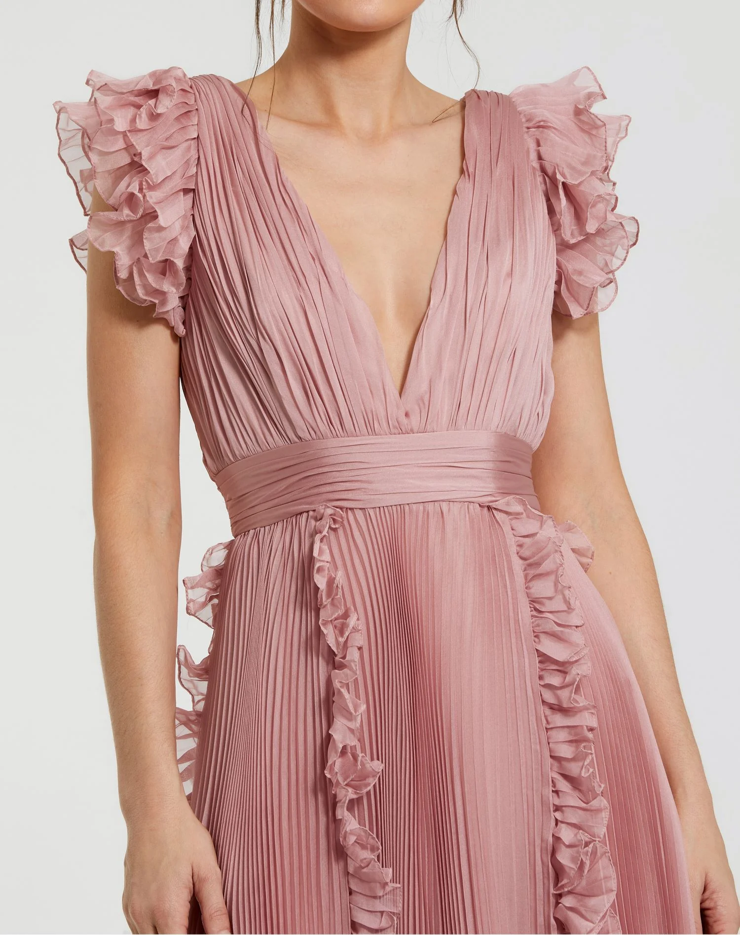 Pink Pleated Chiffon V Neck Ruffle Midi Dress