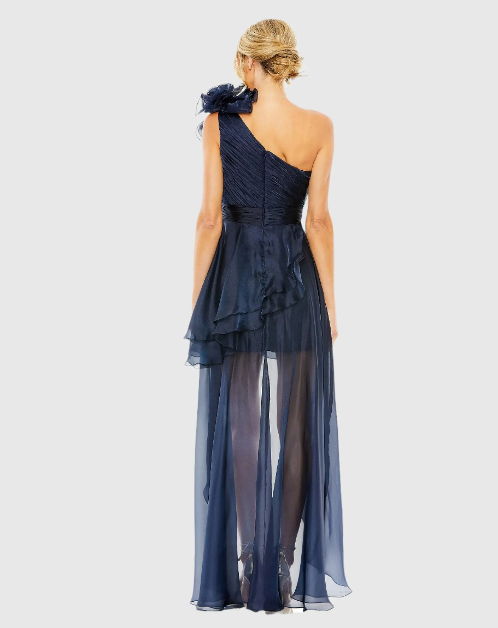 Navy One Shoulder Ruffle High Low Gown