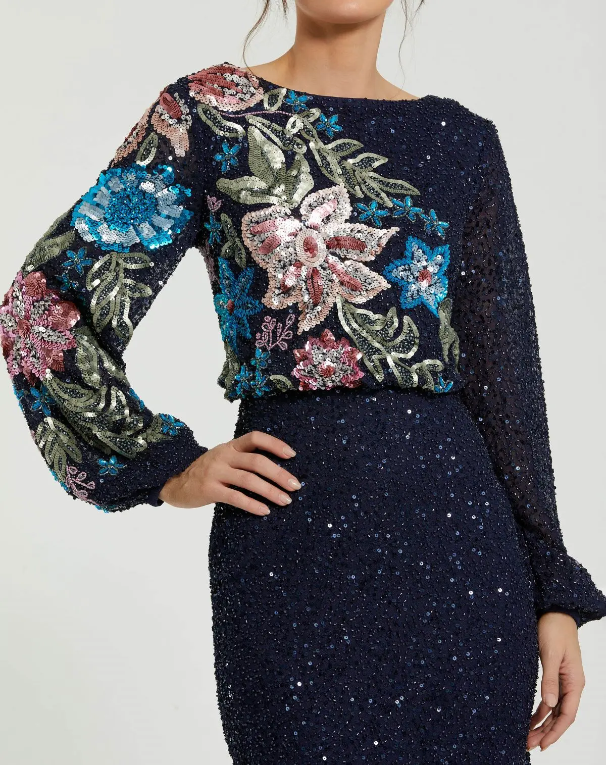 Blue Embellished Multi Color Floral High Neck Gown