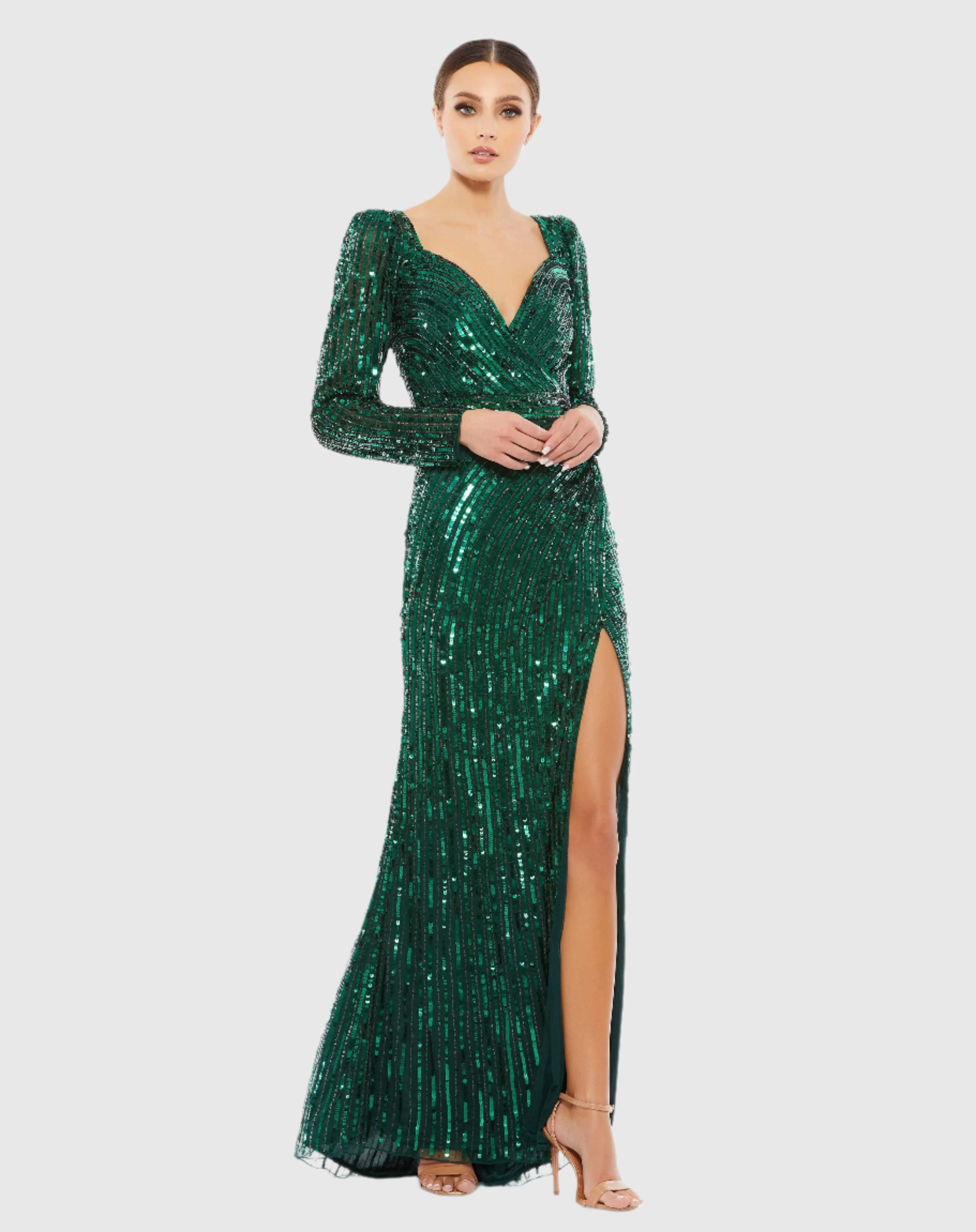Green Sequined Sweetheart Long Sleeve Gown