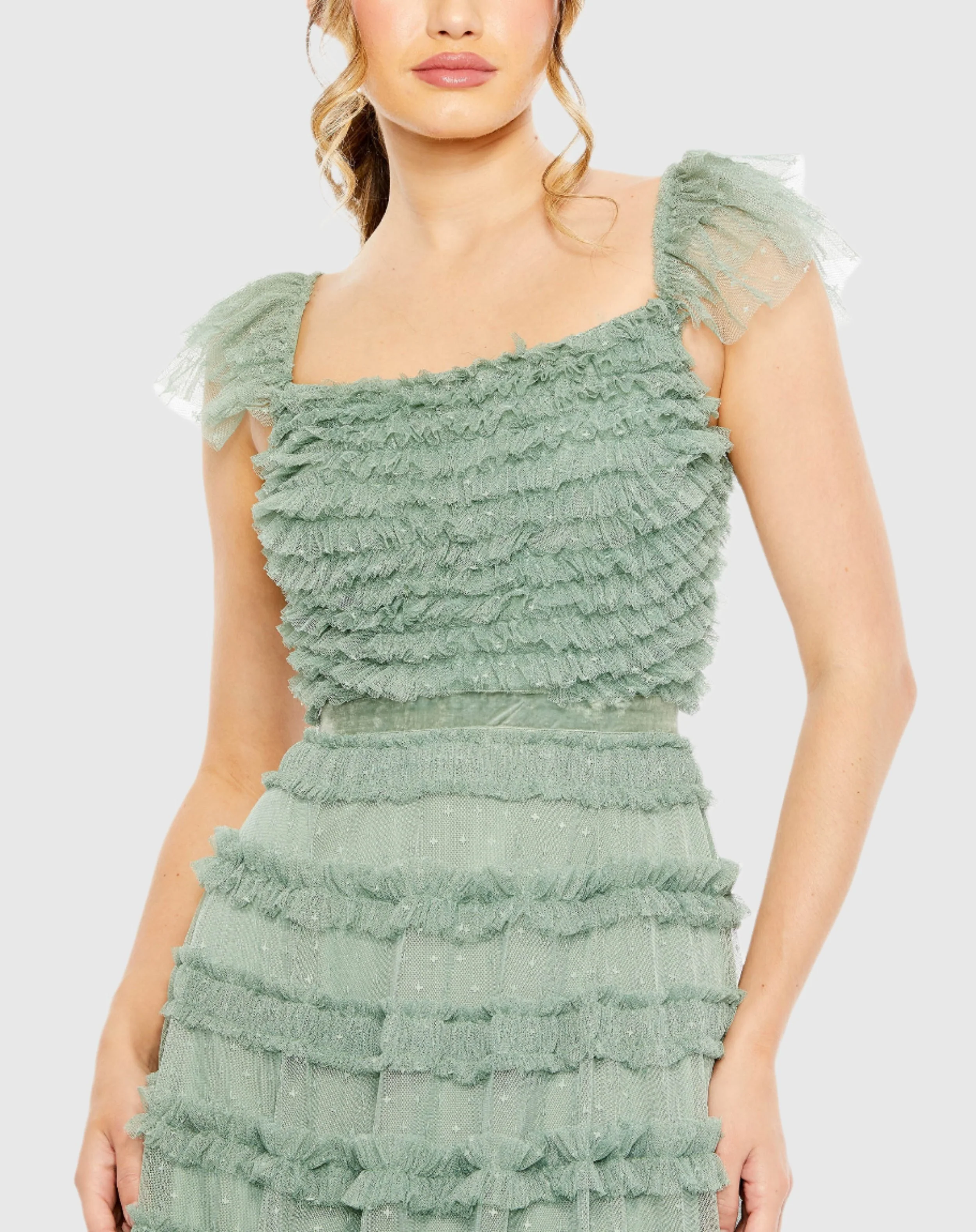Green Ruffle Cap Sleeve Tiered Ruffle Gown
