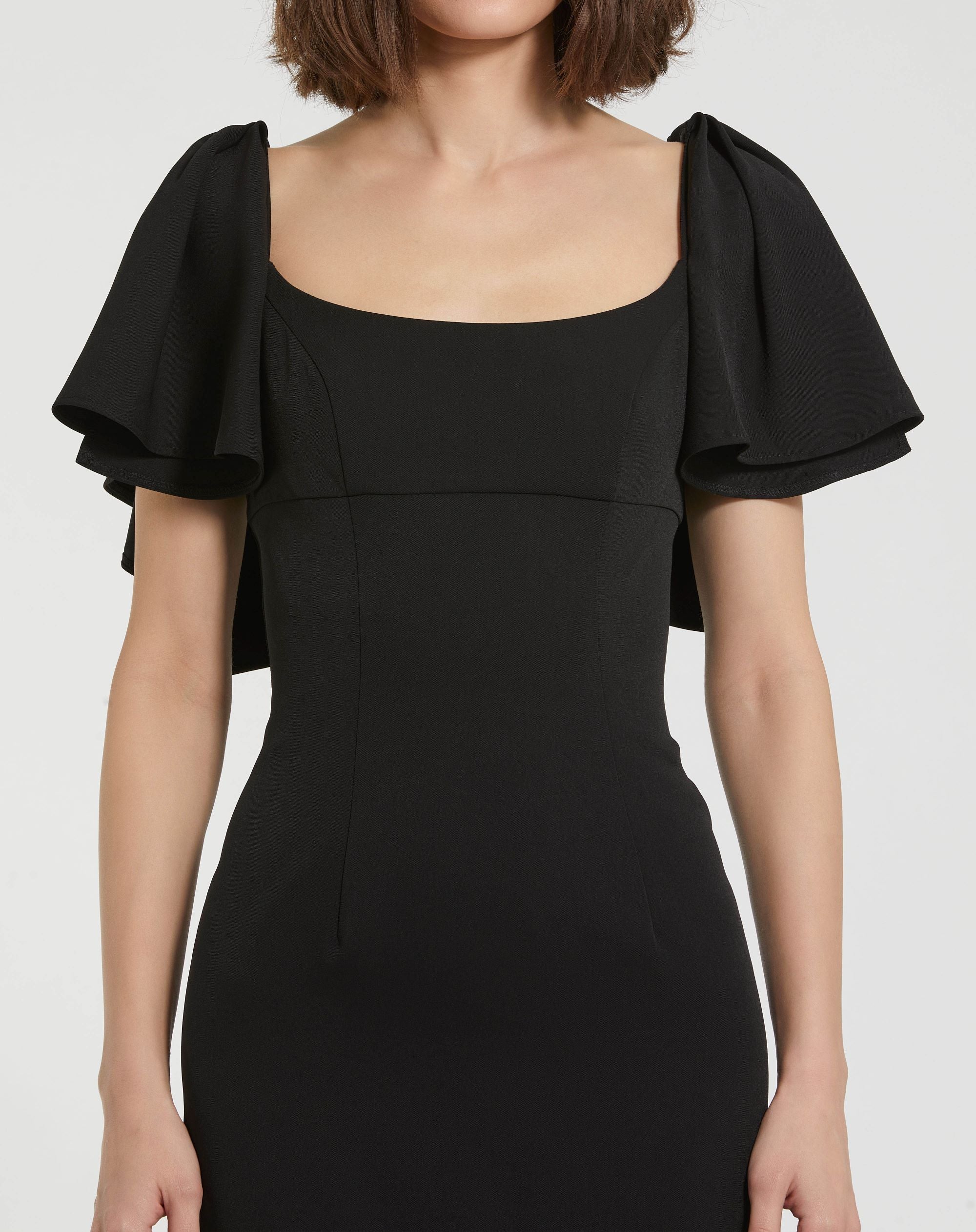 Black Crepe Fitted Long Dress With Short Ruffle Sleeves