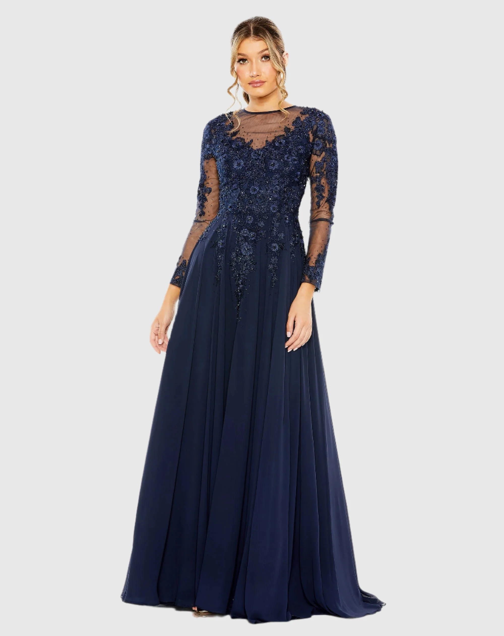 Navy High Neck Mesh Long Sleeve Embellished A Line Gown