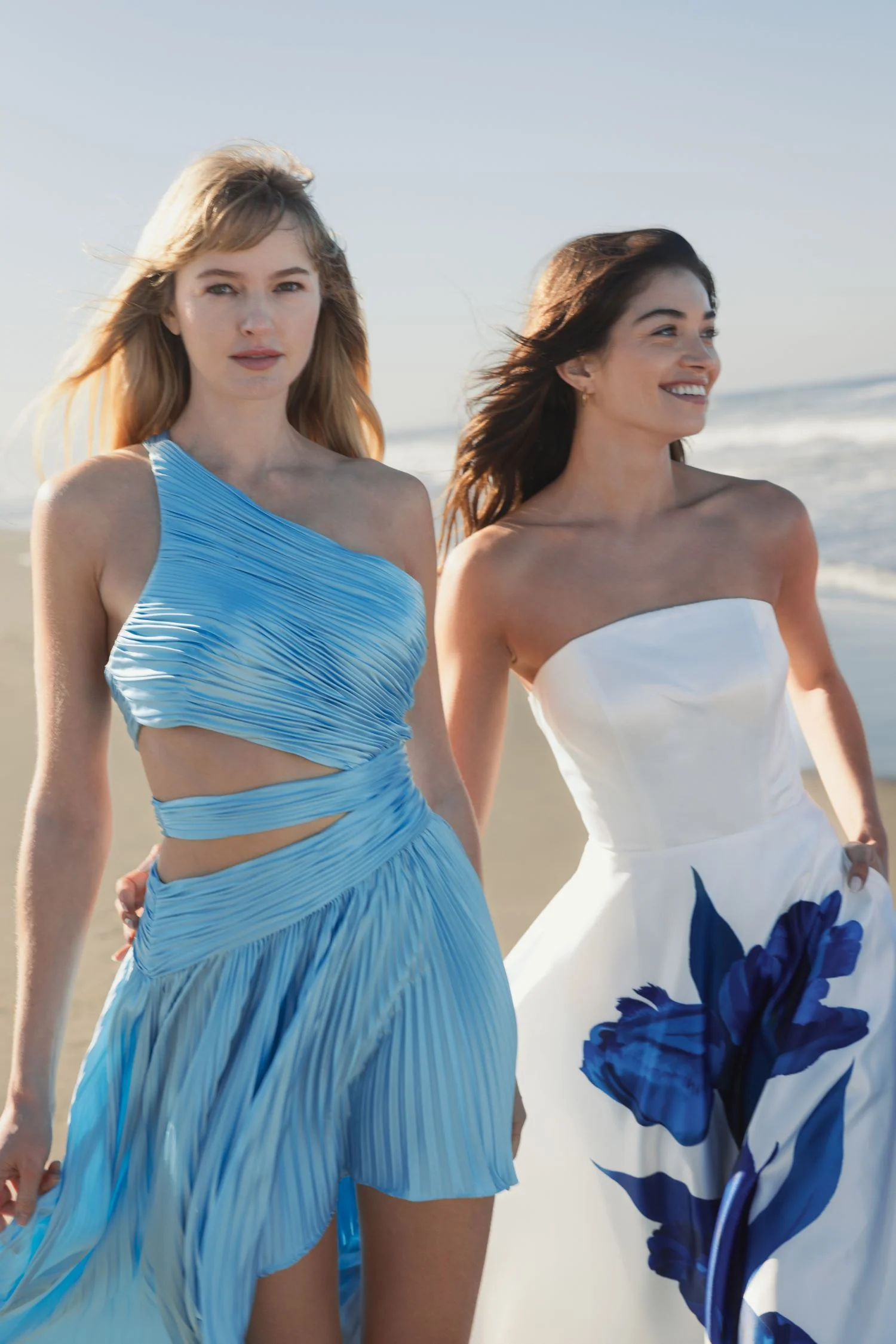 Blue One Shoulder Pleated Charmeuse Gown with Slit