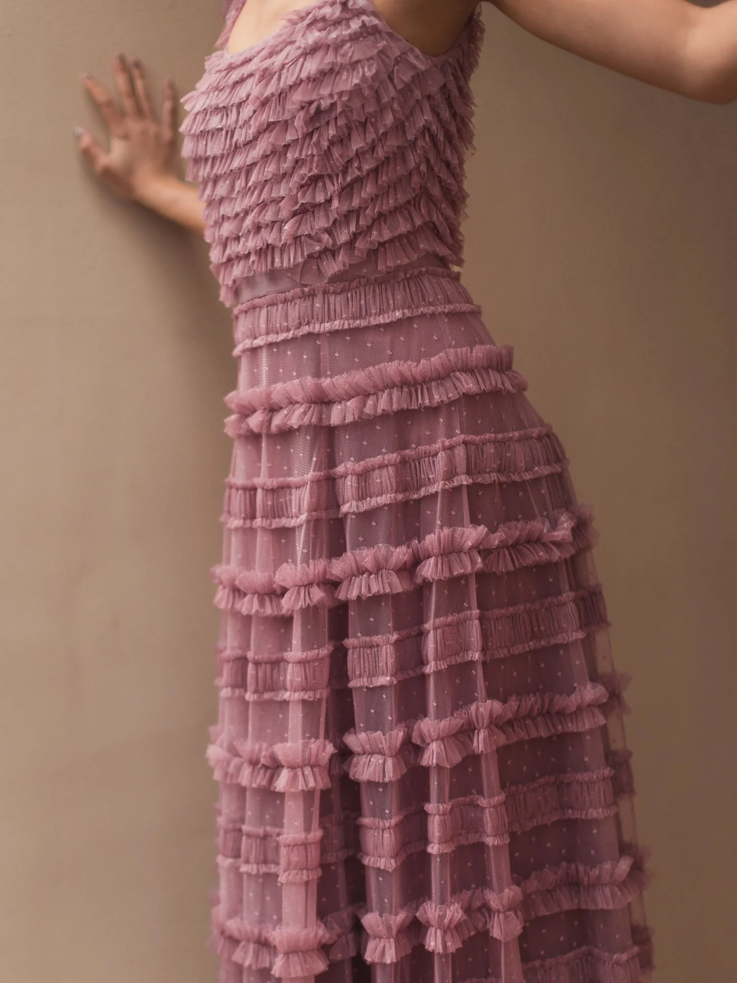 Pink Ruffle Cap Sleeve Tiered Gown
