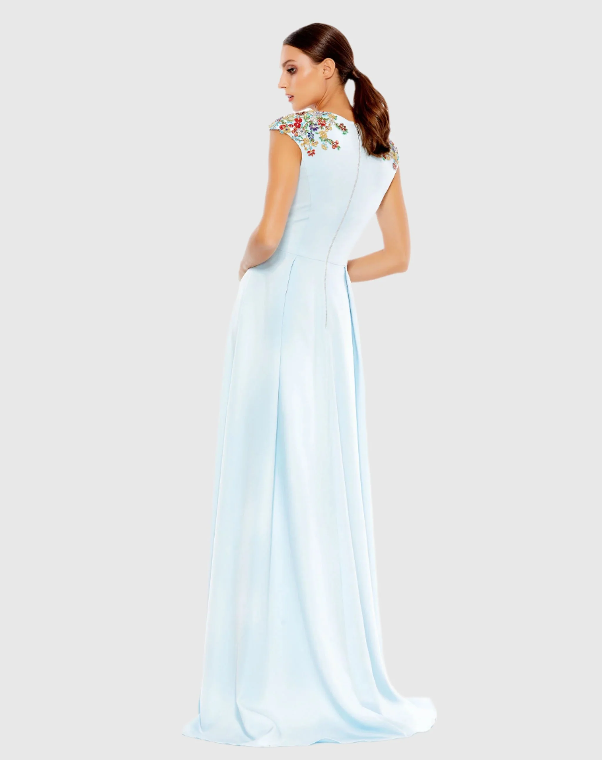 Light Blue Beaded Cap Sleeve V Neck A Line Gown