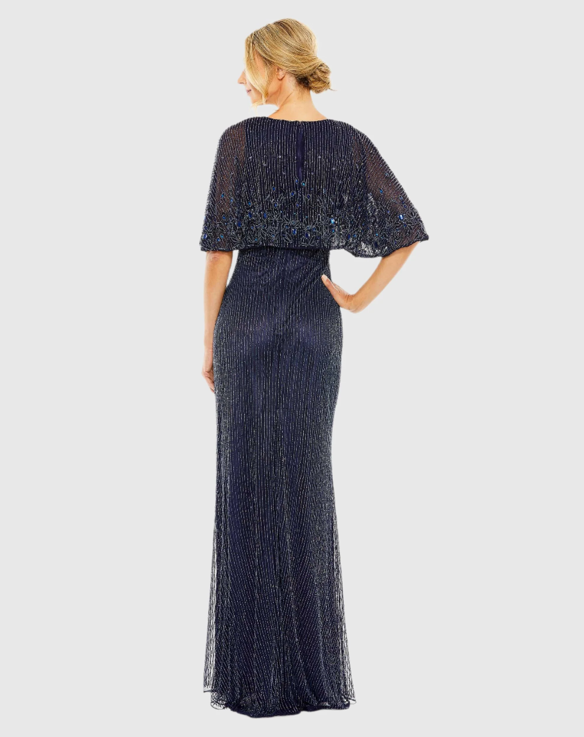 High Neck Column Gown With Embellished Cape