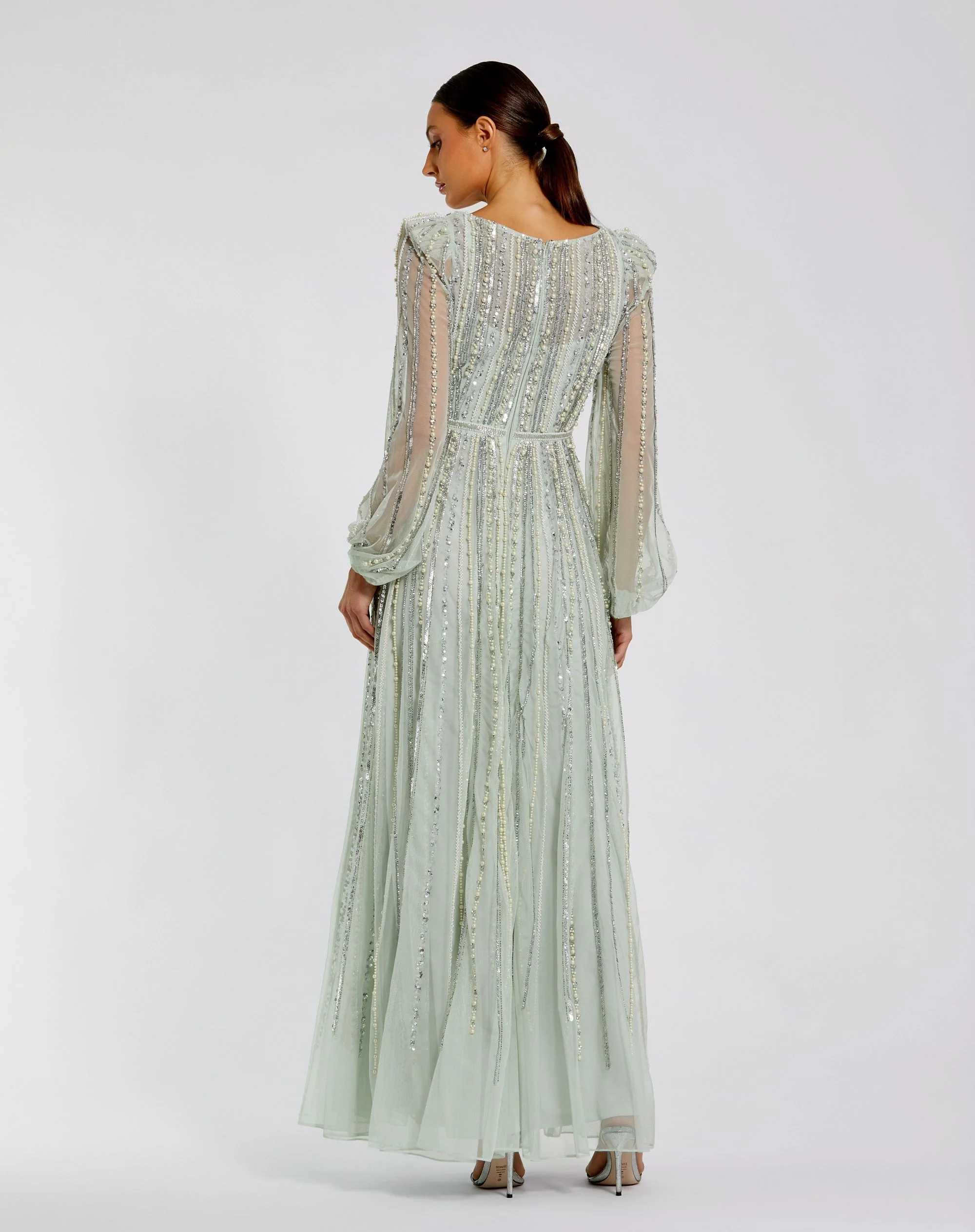 Green Boat Neck Long Sleeve Gown With Striped Beading
