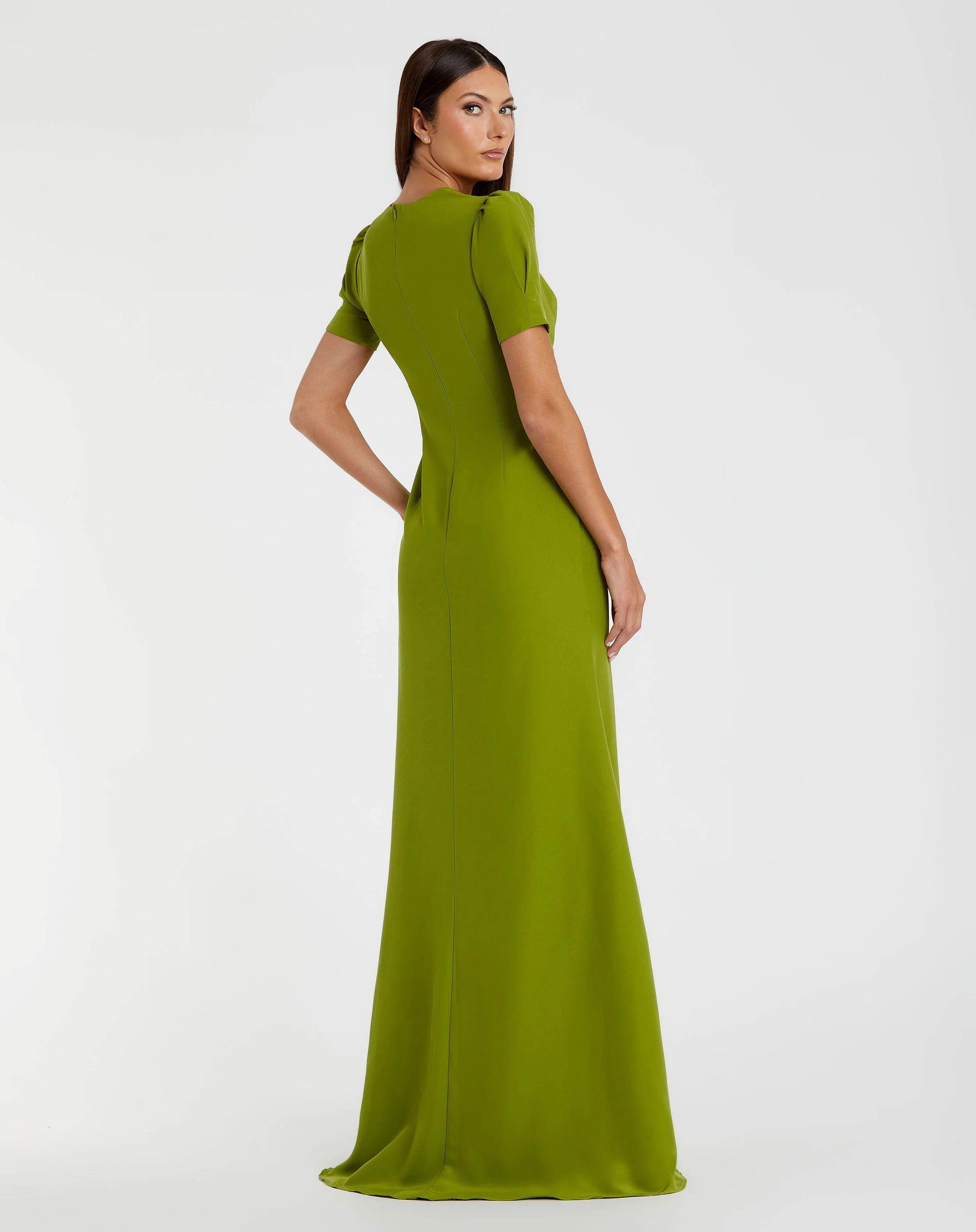 Green Plunge Neck Puff Sleeve Cut Out Gown