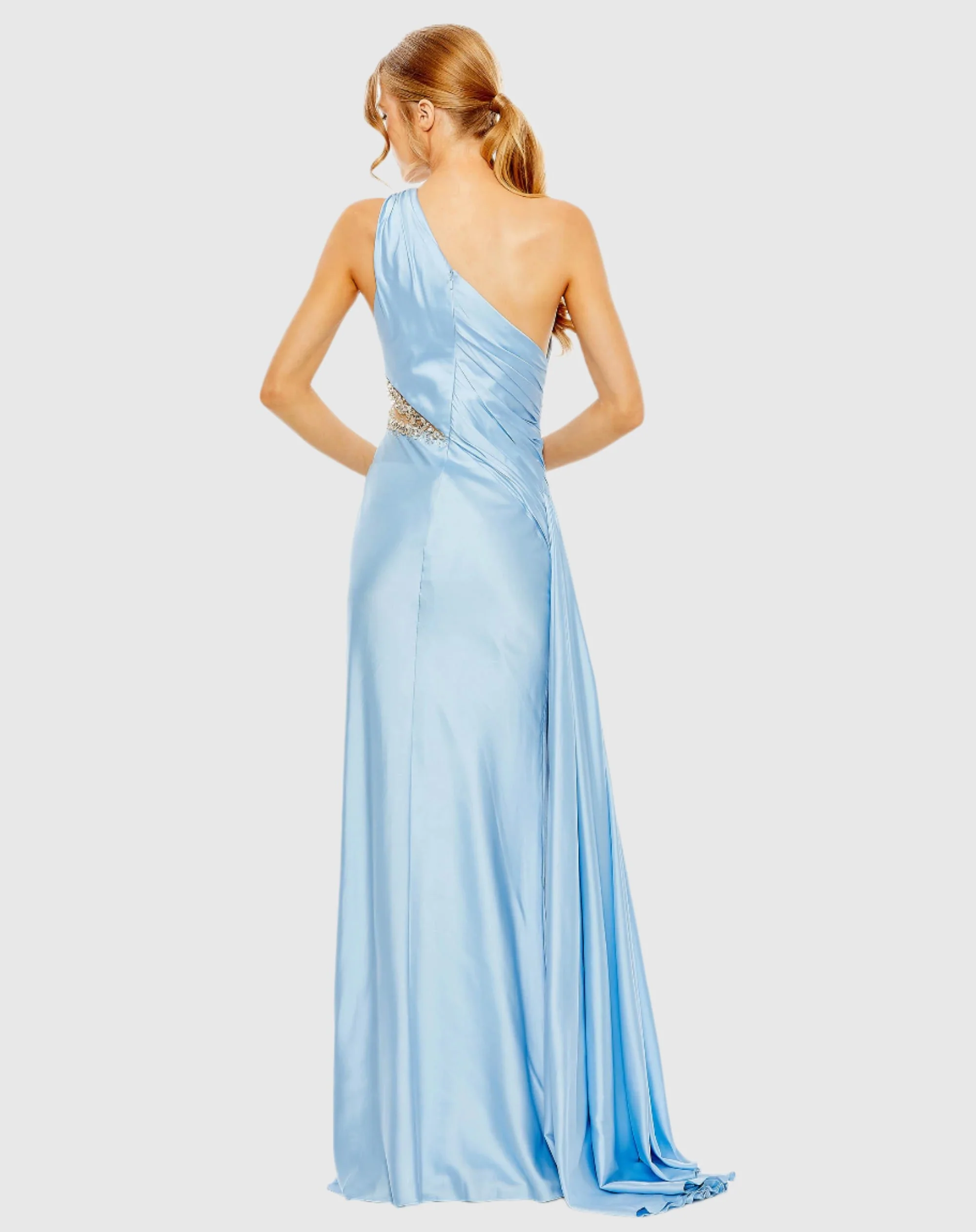 Blue One Shoulder Embellished Satin Gown