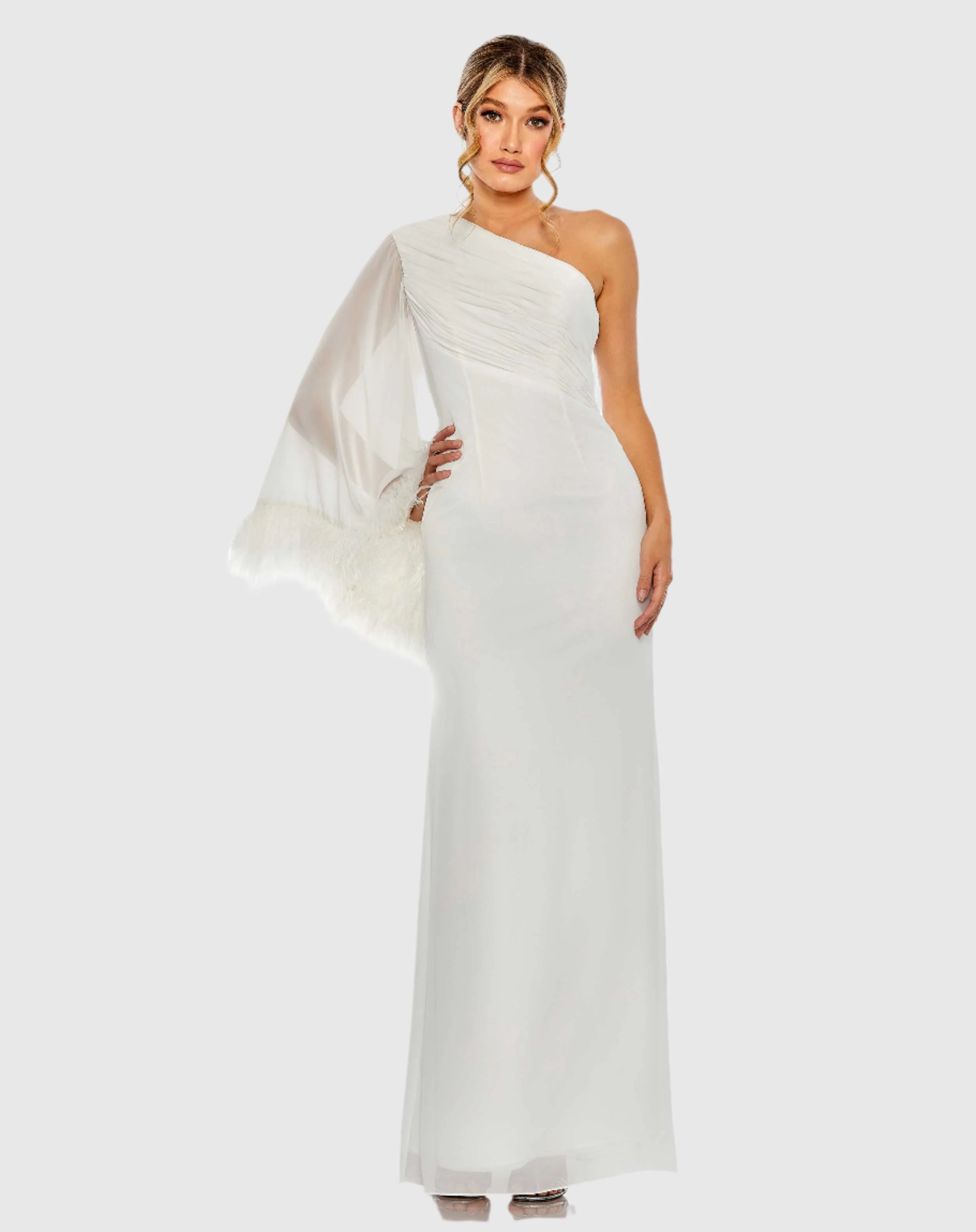 Feather Cuff One Shoulder Ruched Gown