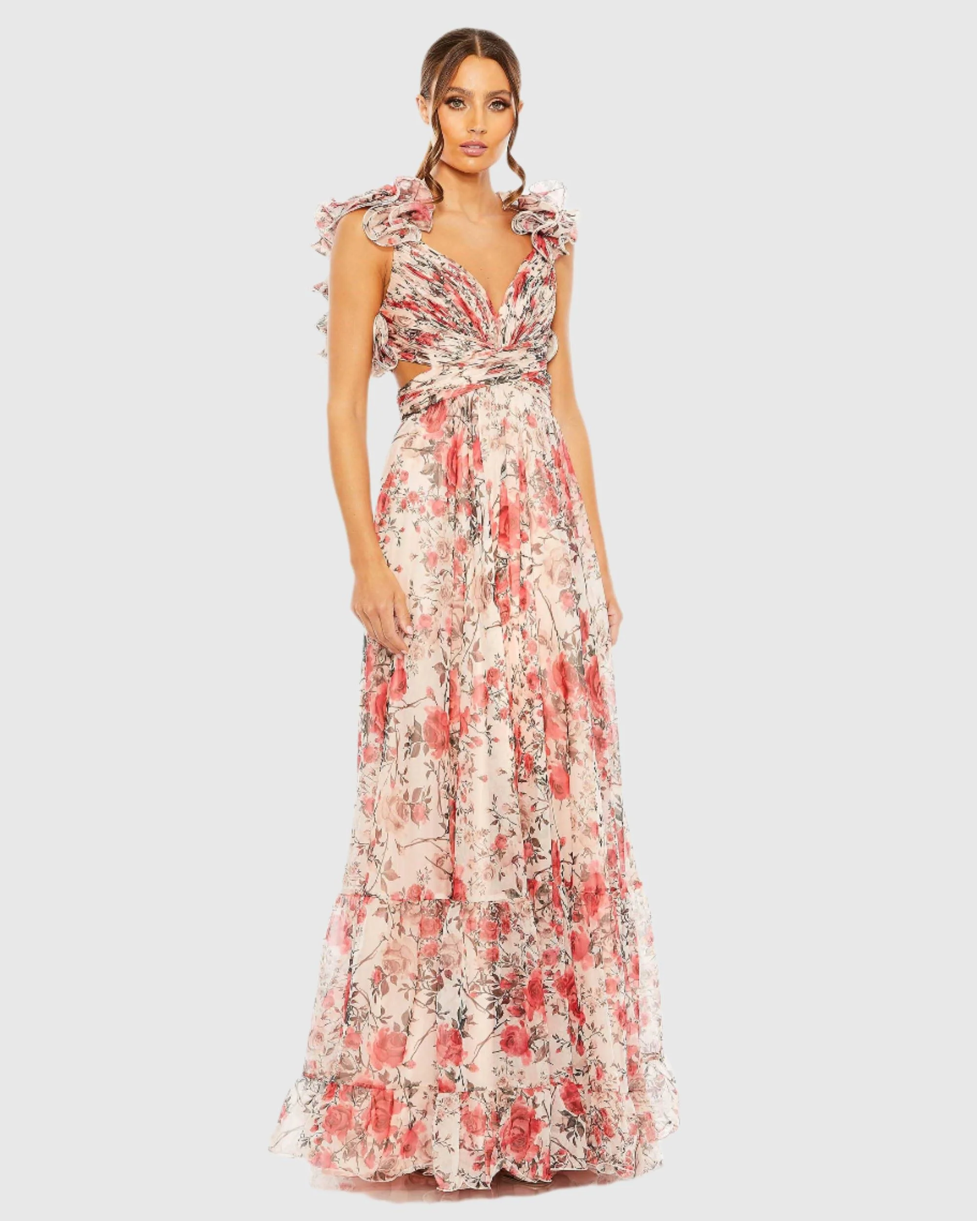Pink Ruffle Tiered Floral Cut-Out Chiffon Gown