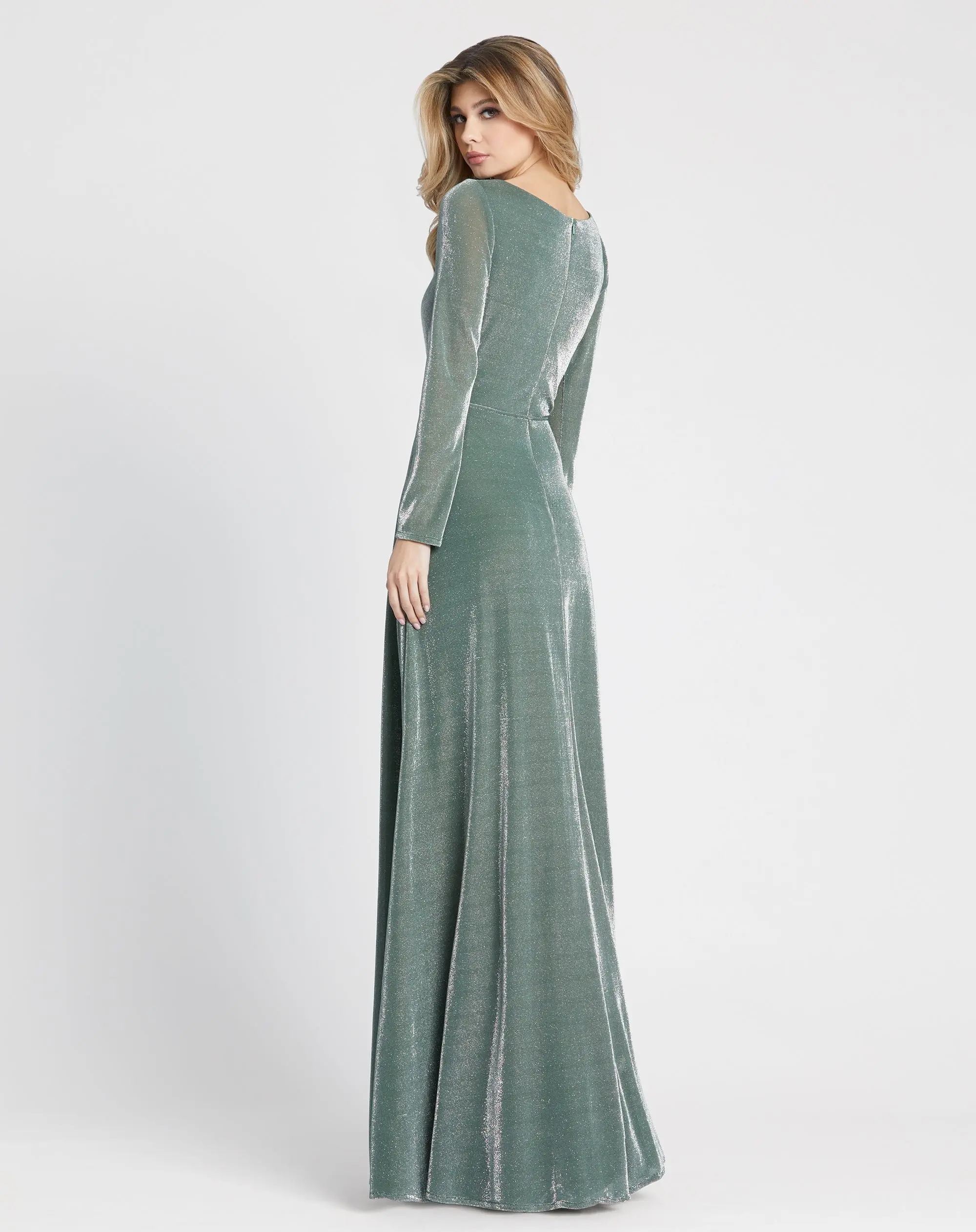 Green Long Sleeve Faux Wrap A Line Gown