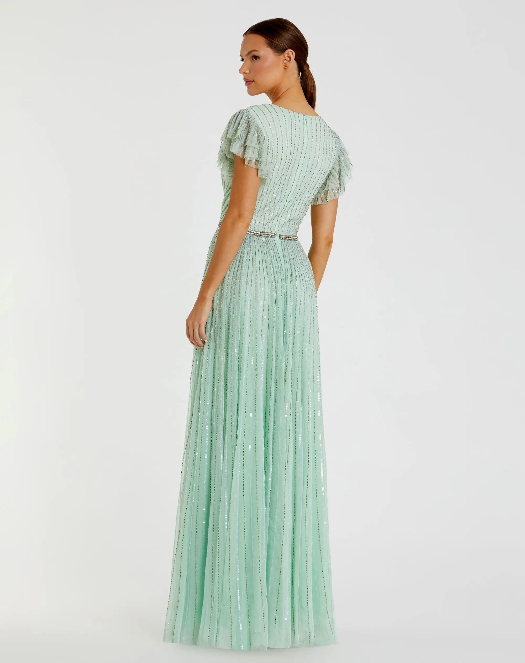 Green Sequined Wrap Over Ruffled Cap Sleeve Gown
