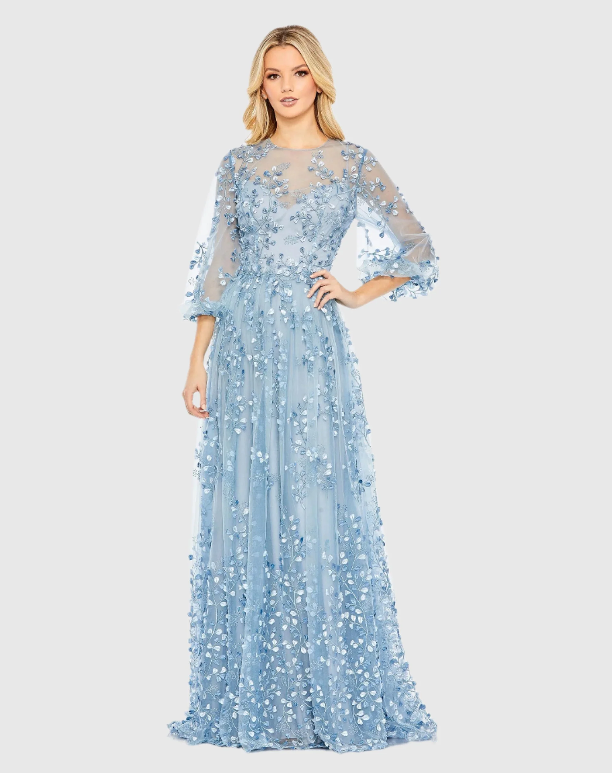 Blue Embroidered Puff Sleeve A-Line Gown