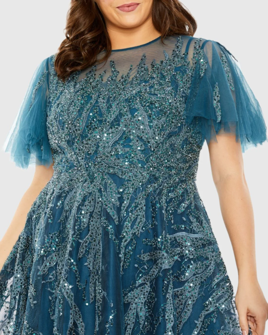 Blue High Neck Flutter Sleeve A Line Embellished Dress