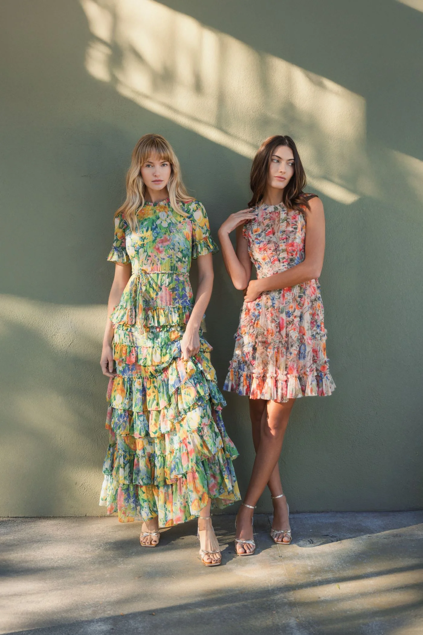 Green Floral Printed Chiffon Tiered Ruffle Dress