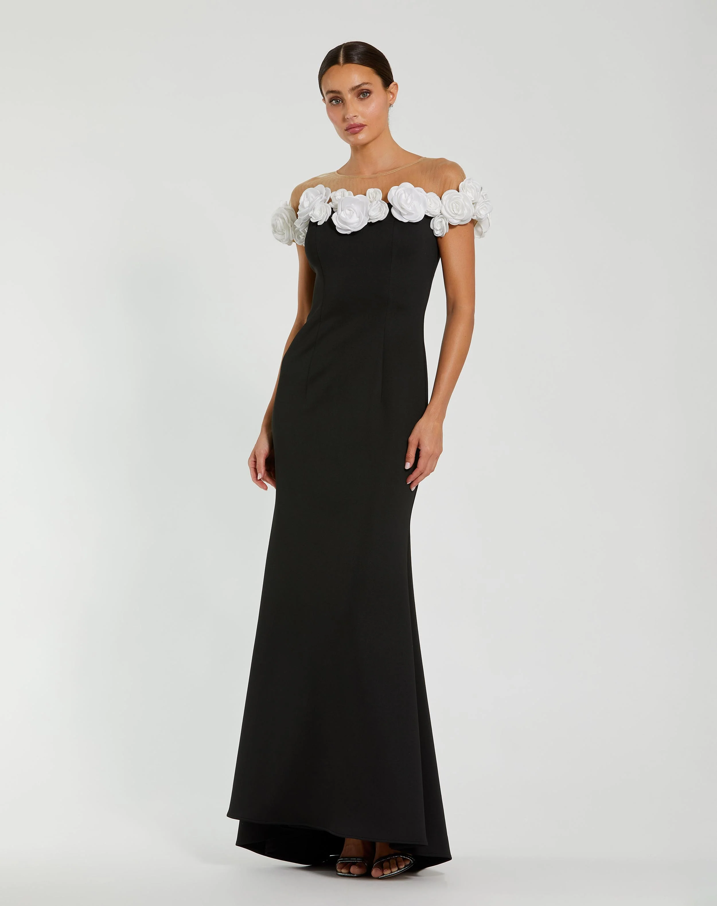 Black and White Stretch Crepe Mermaid Gown With 3D Flowers