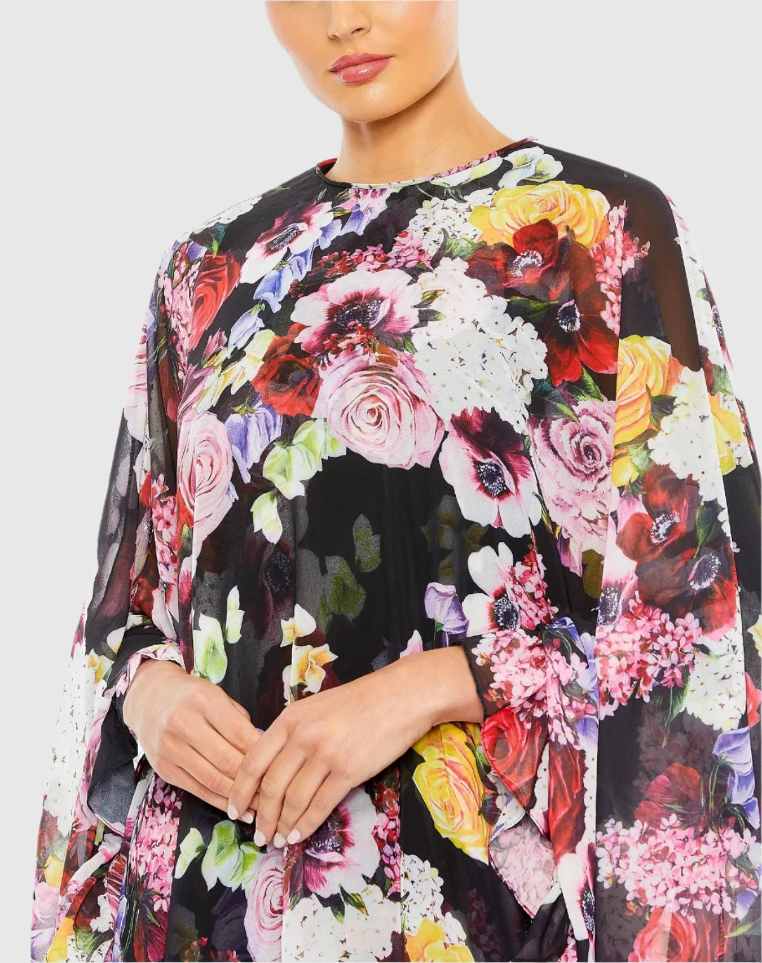 Black Multicolor Floral Print High Neck Ruffle Hem Cape Mini Dress