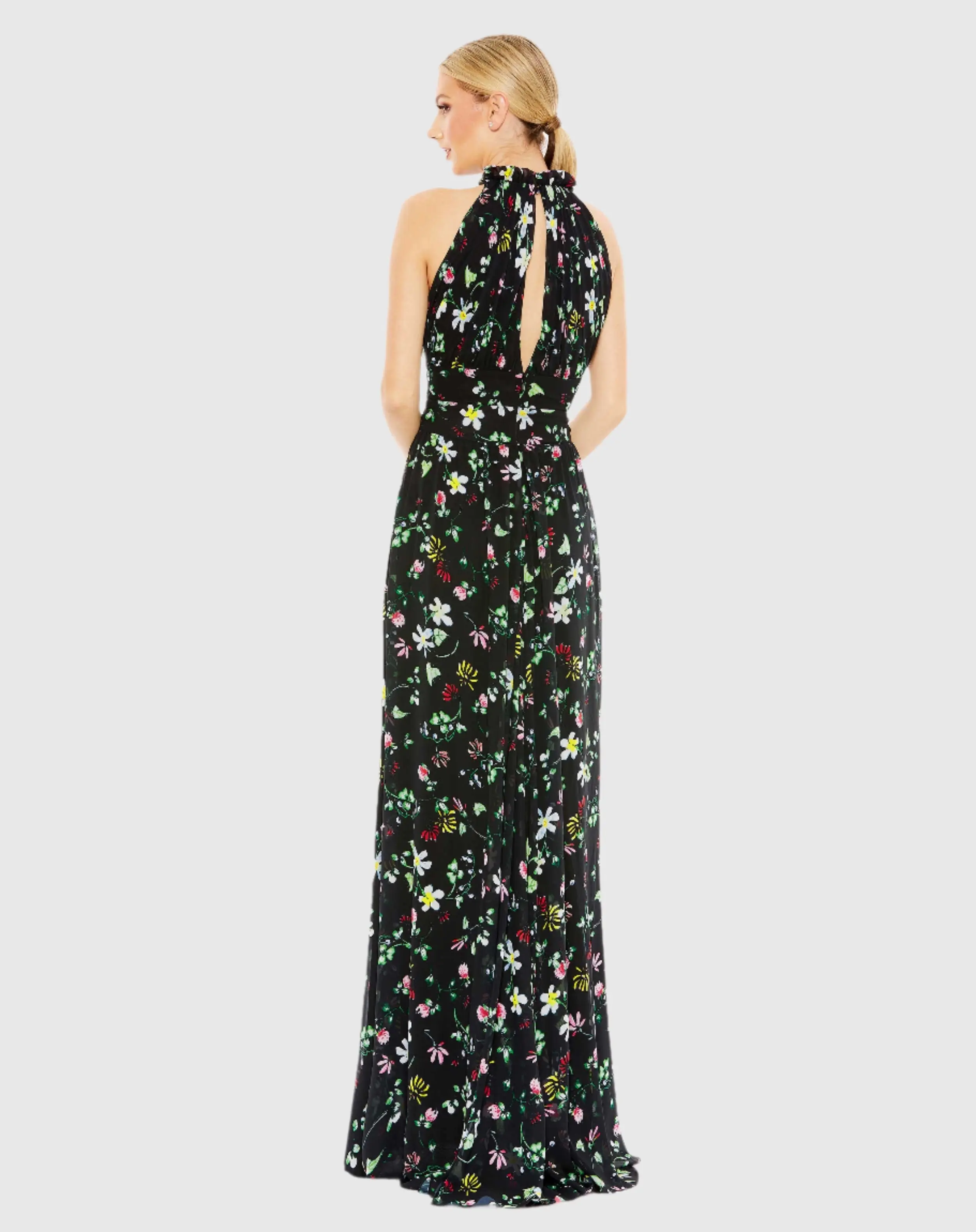 Black Floral Print Asymmetrical Ruffle Slit Halter Gown