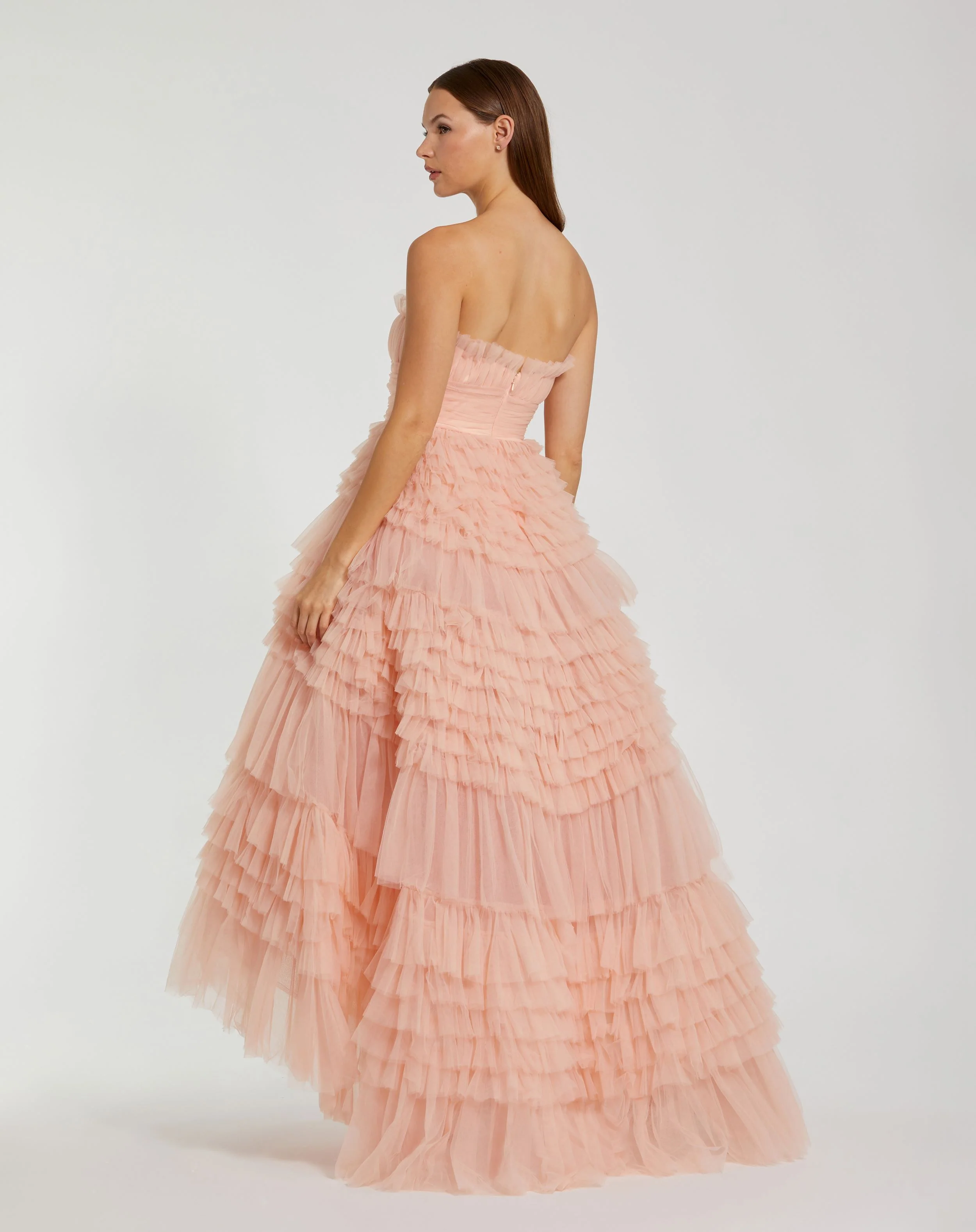 Pink Strapless Tulle Ruffle Gown