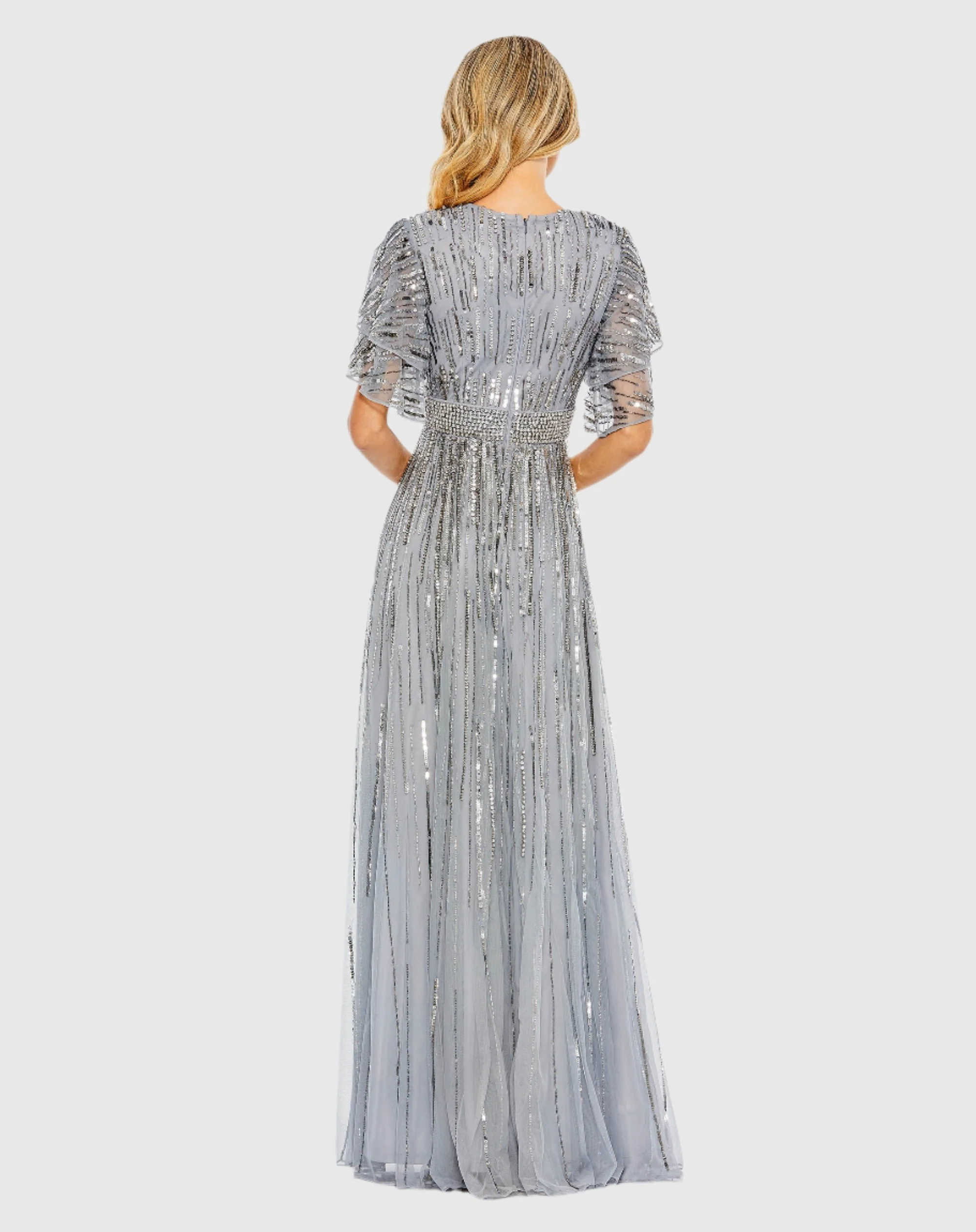 Blue Embellished Full Length Layered Sleeve Gown
