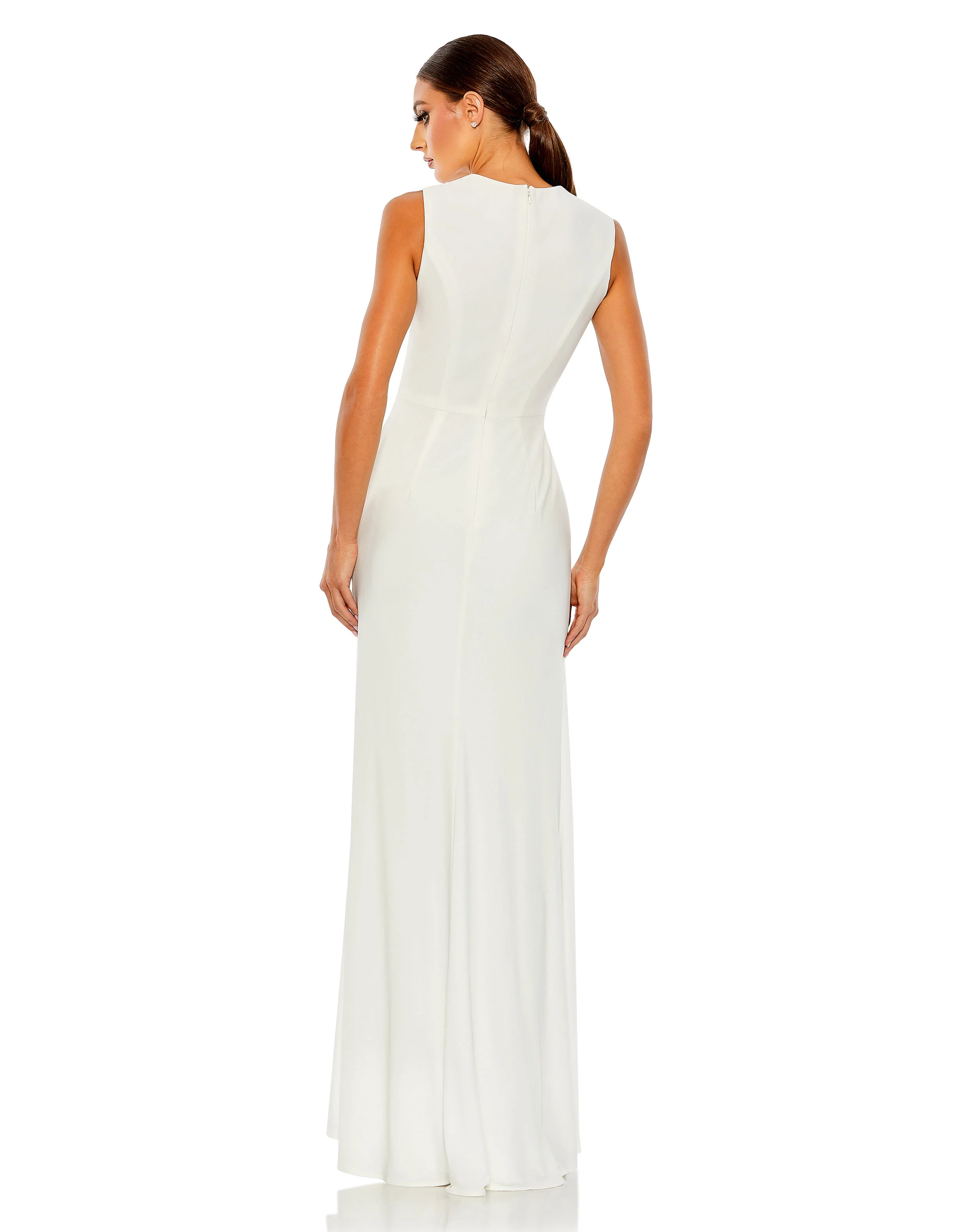 White Draped Side Knot Jersey Gown w/ Rhinestone Ring