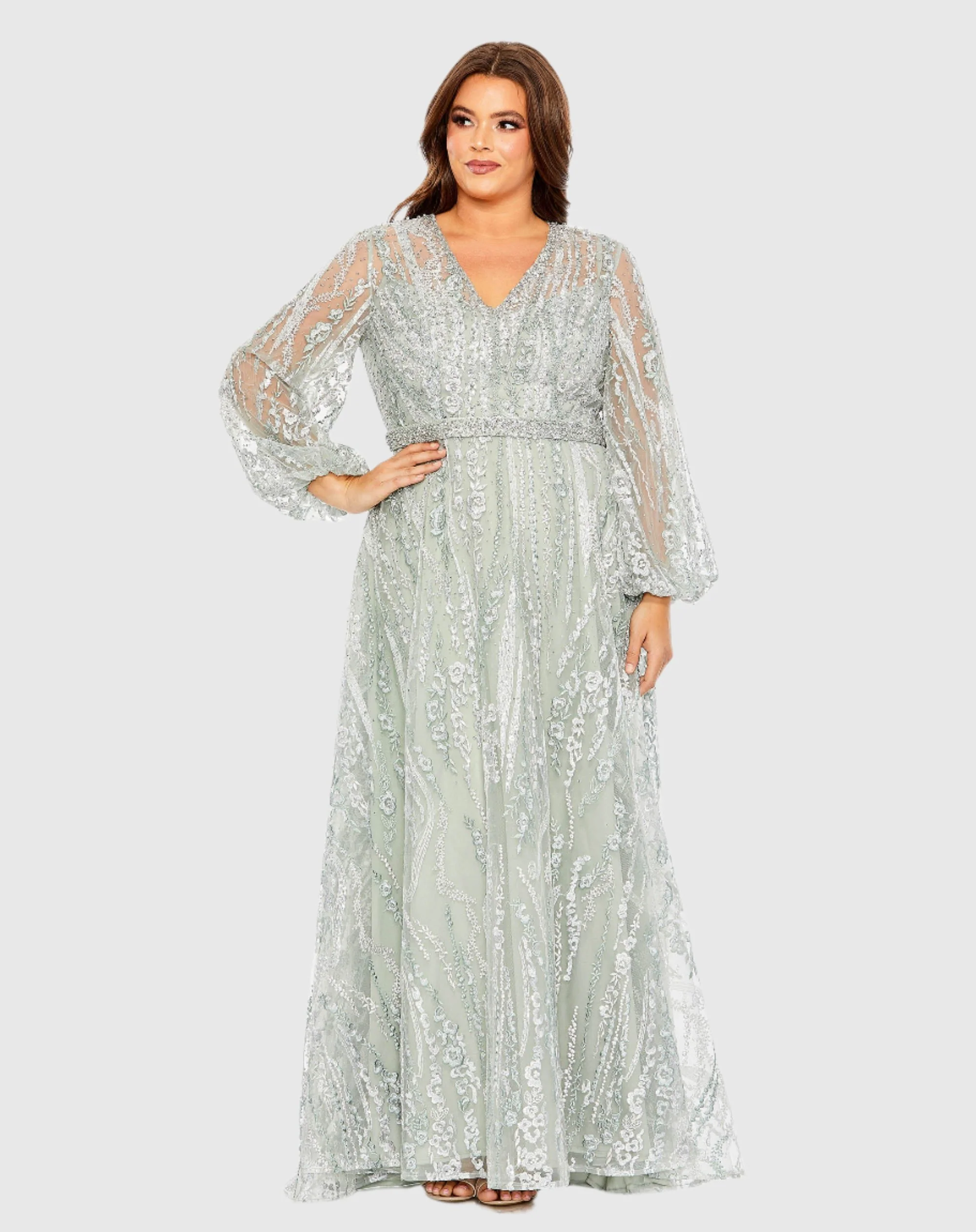 Green V Neck Puff Sleeve Embroidered A Line Gown