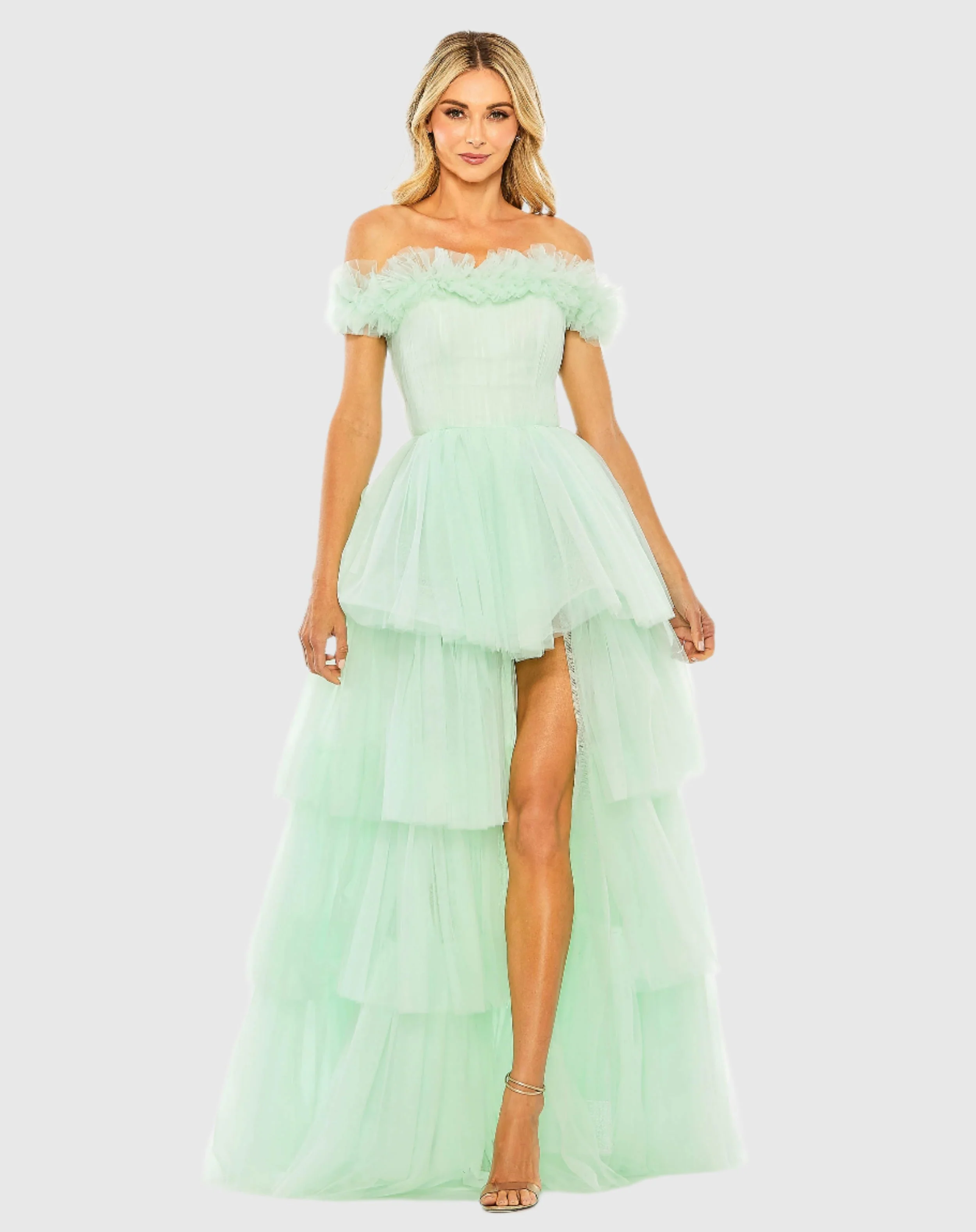 Green Off-the-Shoulder High-Low Tulle Gown