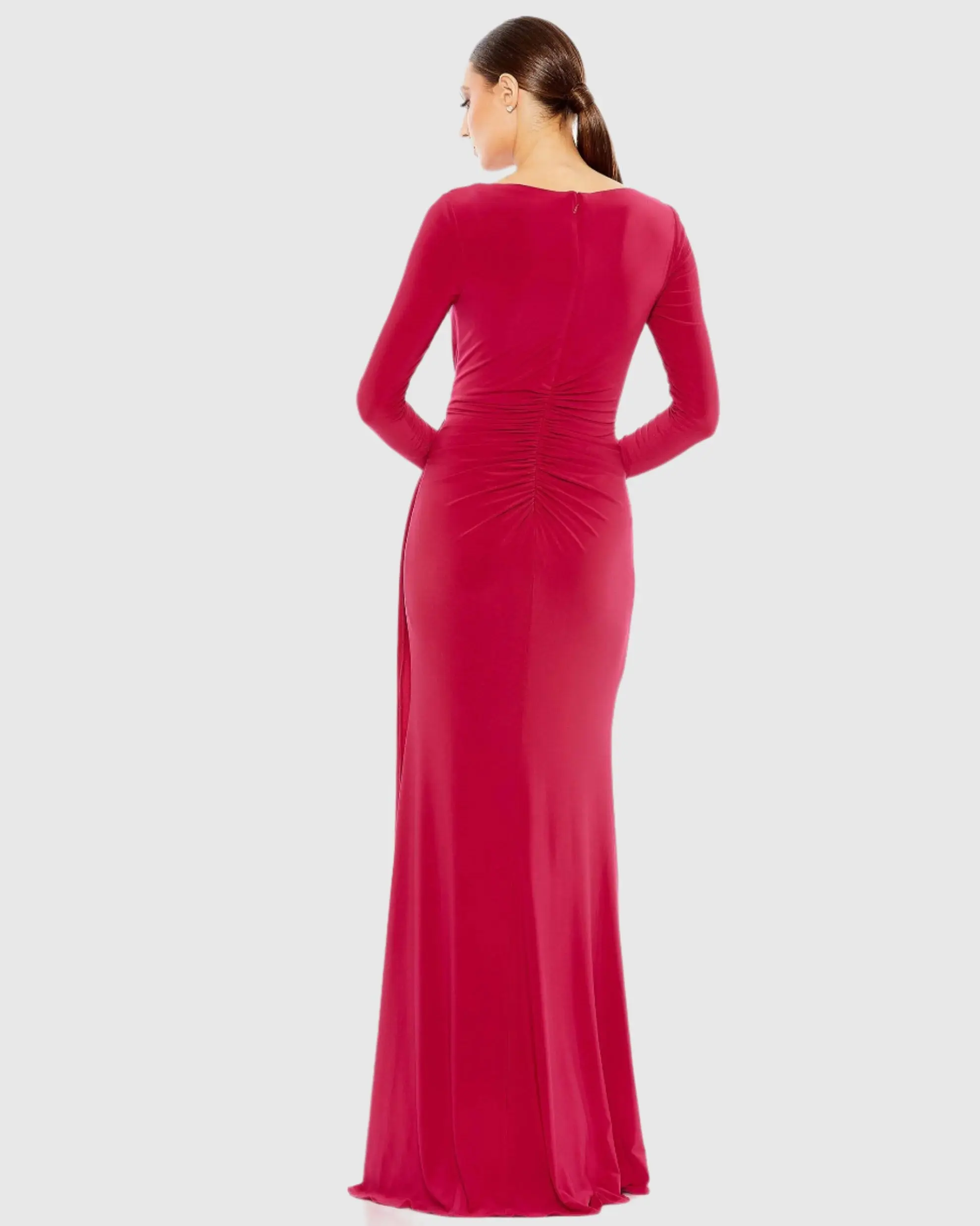 Red Ruched Long Sleeve Cowl Neck Gown