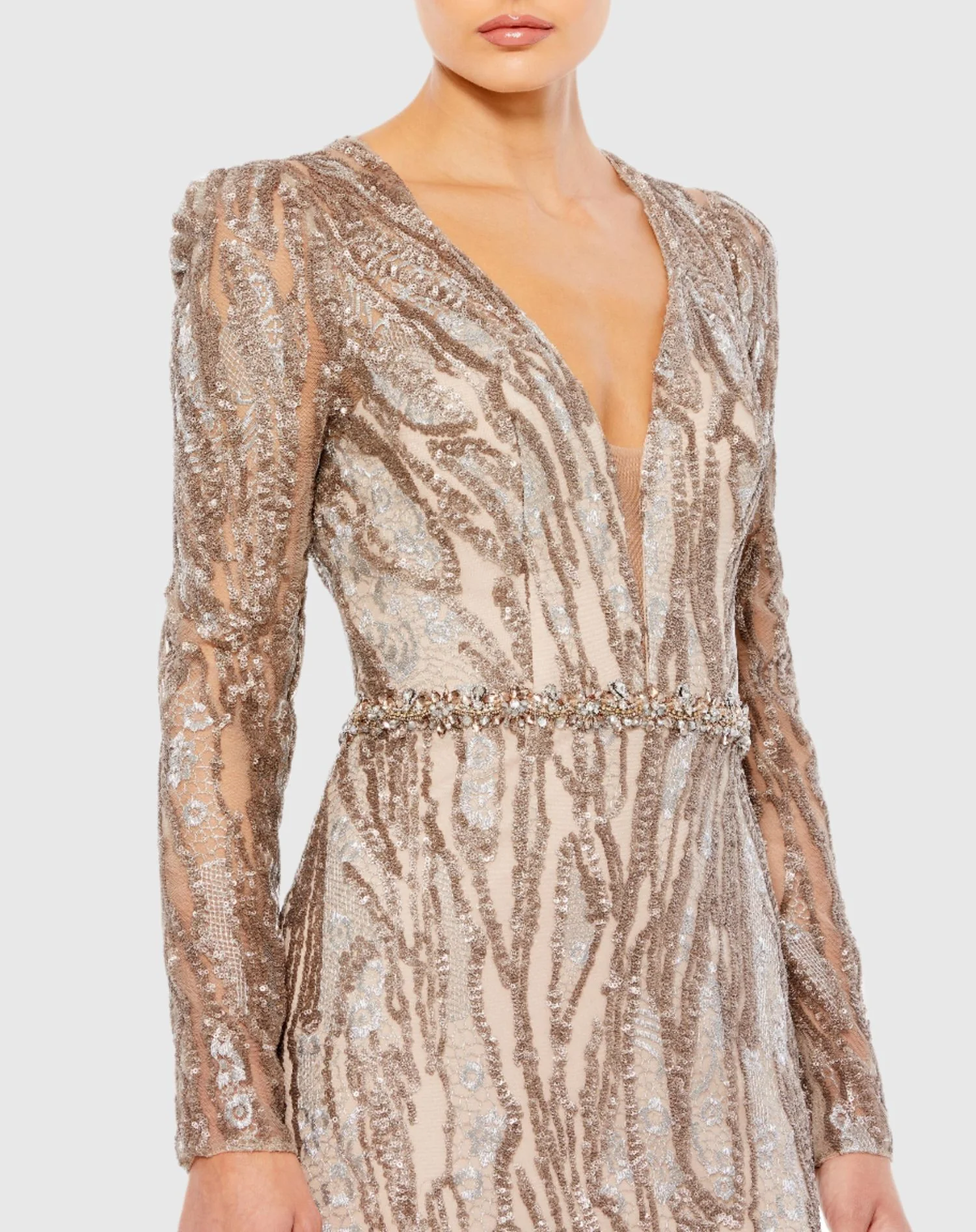 Embellished Long Sleeve Plunge Neck Trumpet Gown