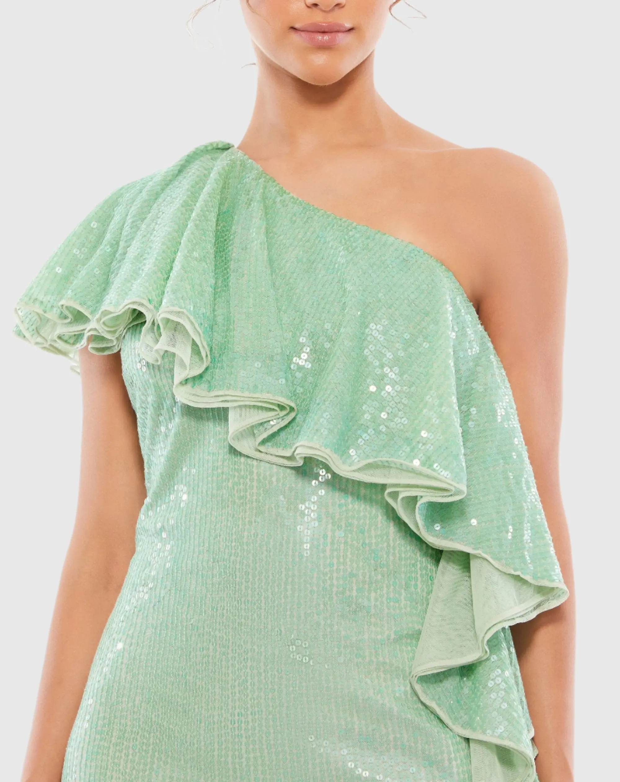 Green One Shoulder Ruffled Sequin Mini Dress