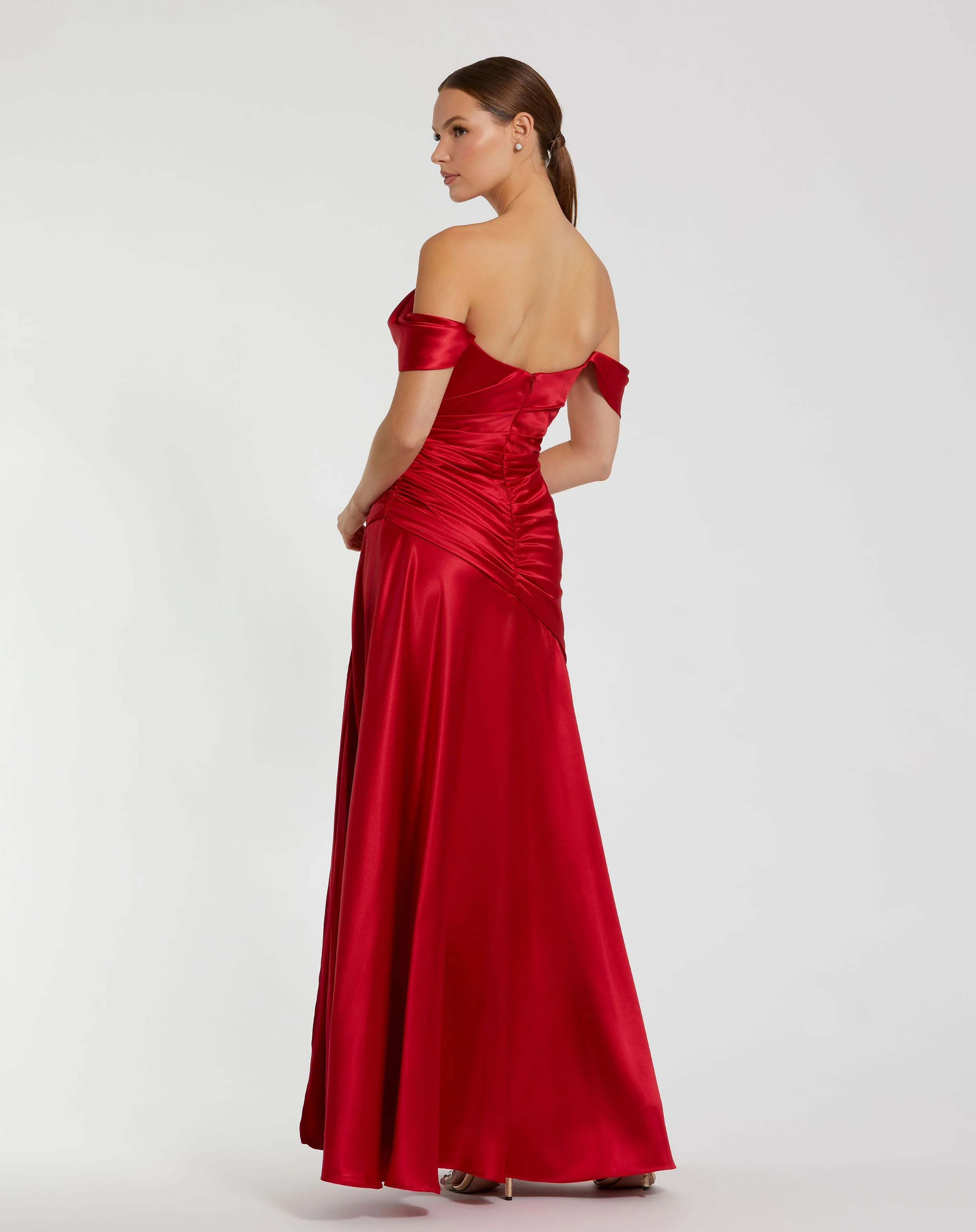 Red Hard Satin Off The Shoulder Crossover Gown