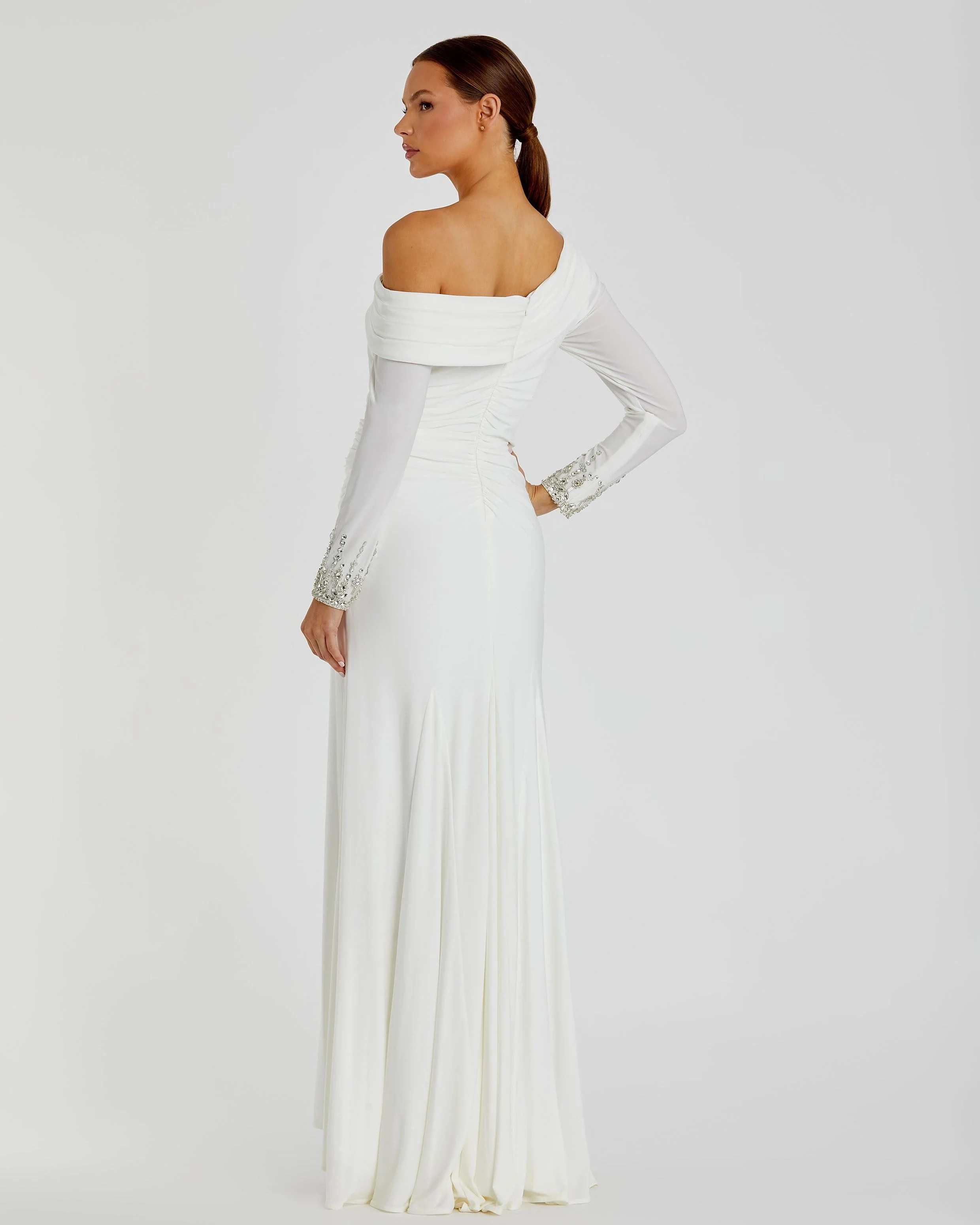 White Beaded Cuff Drop Shoulder Faux Wrap Gown