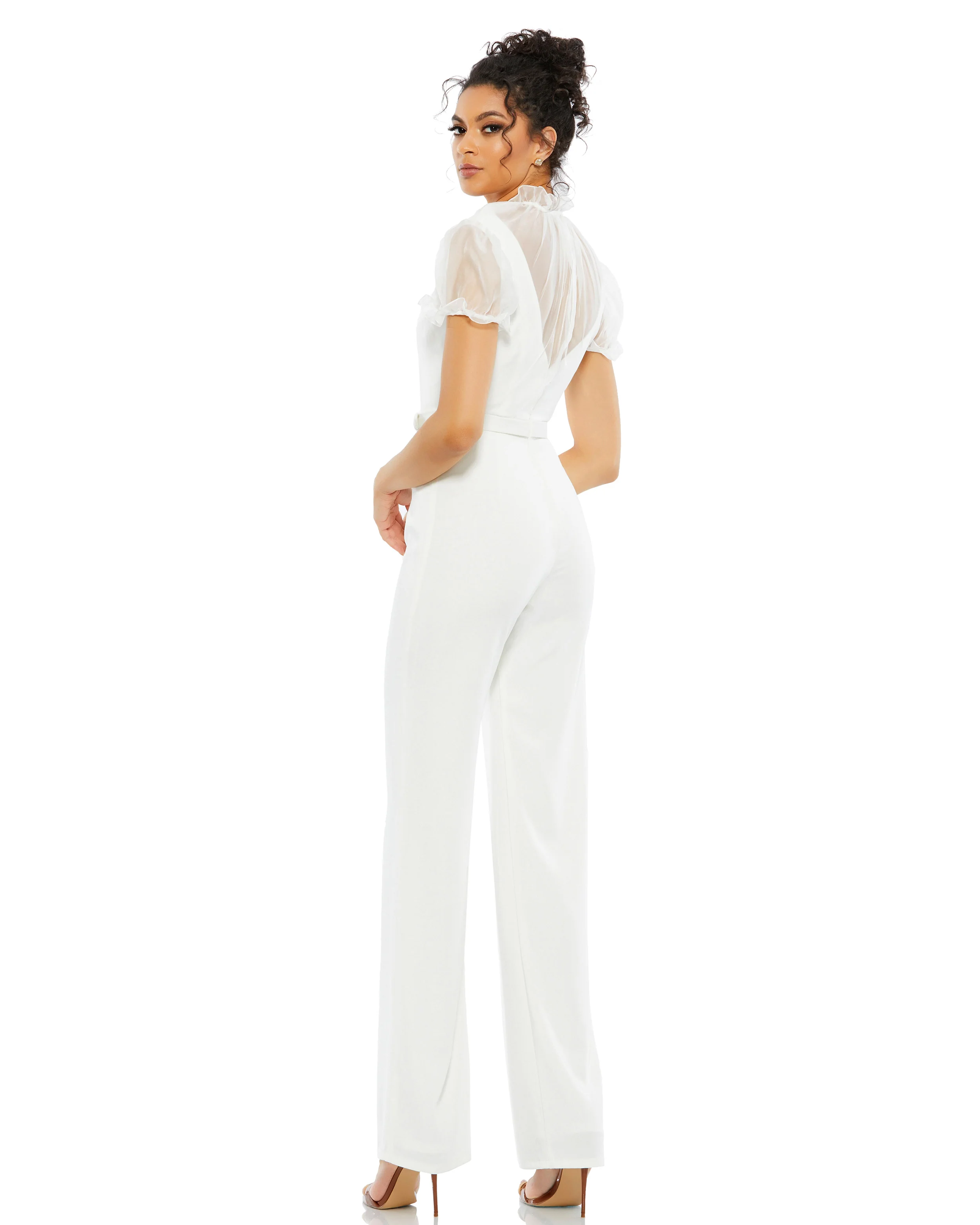 White Belted Illusion High Neck Cap Sleeve Jumpsuit