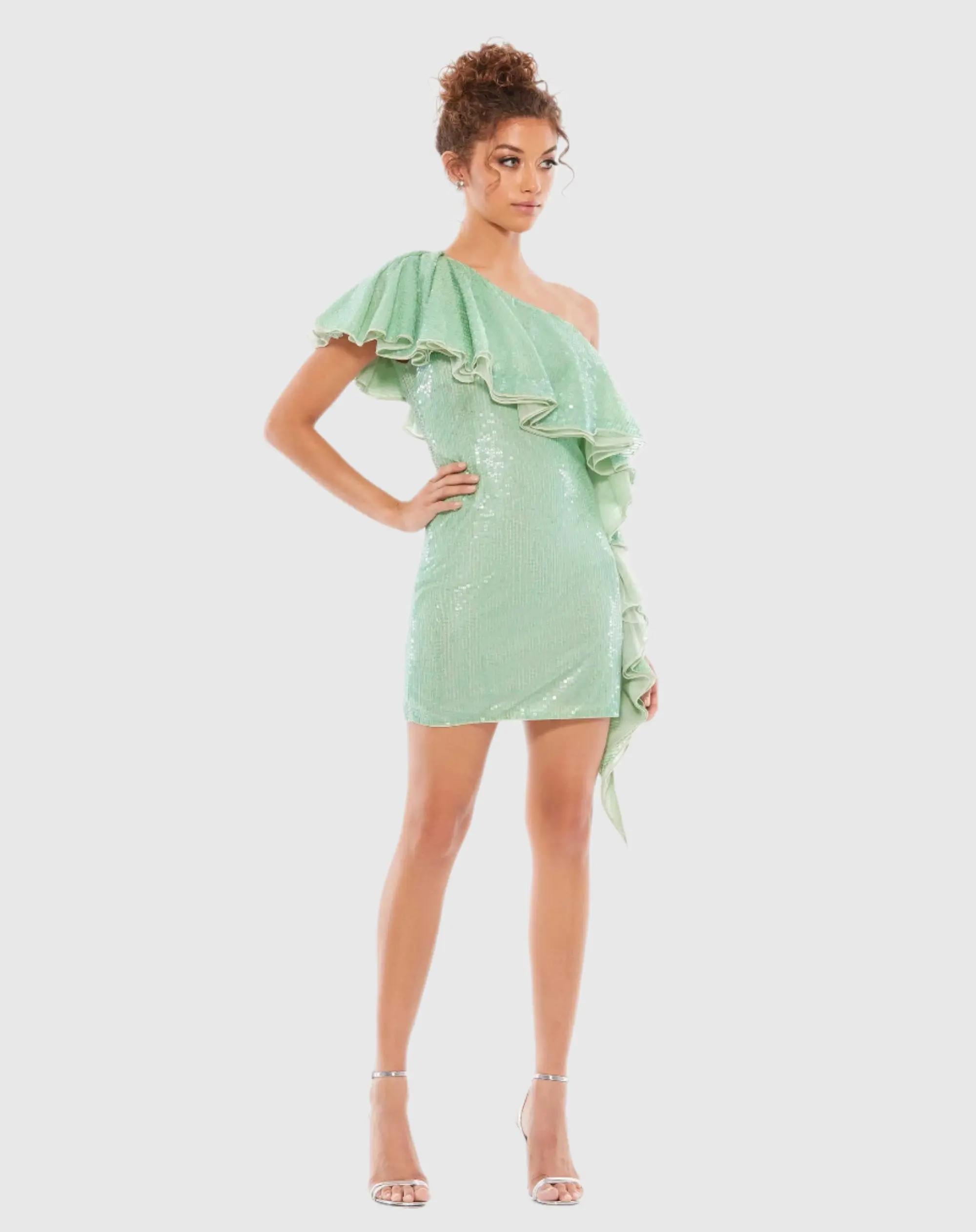 Green One Shoulder Ruffled Sequin Mini Dress