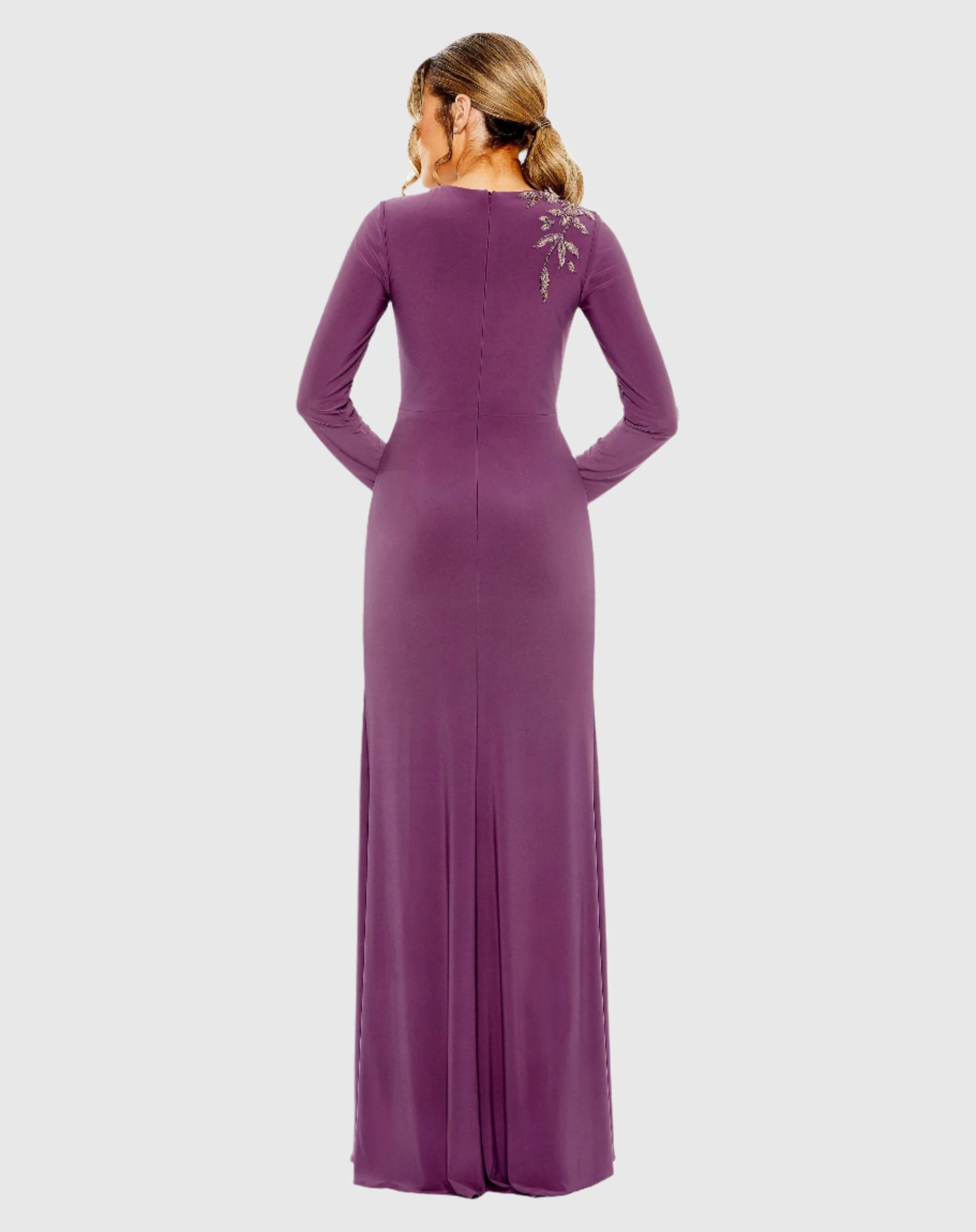 Jersey High Neck Long Sleeve Embellished Gown