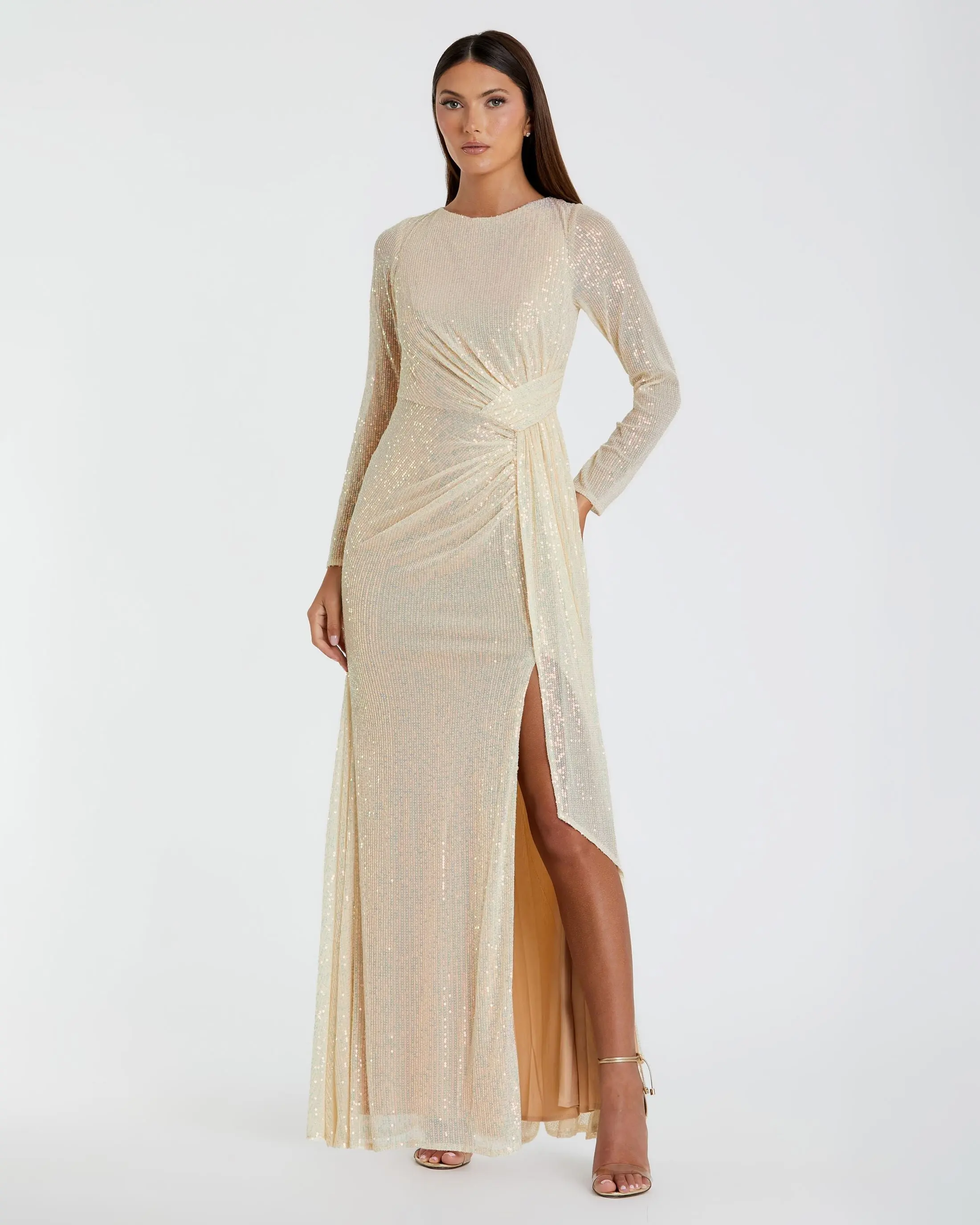Sequined Ruched Long Sleeve Boat Neck Gown