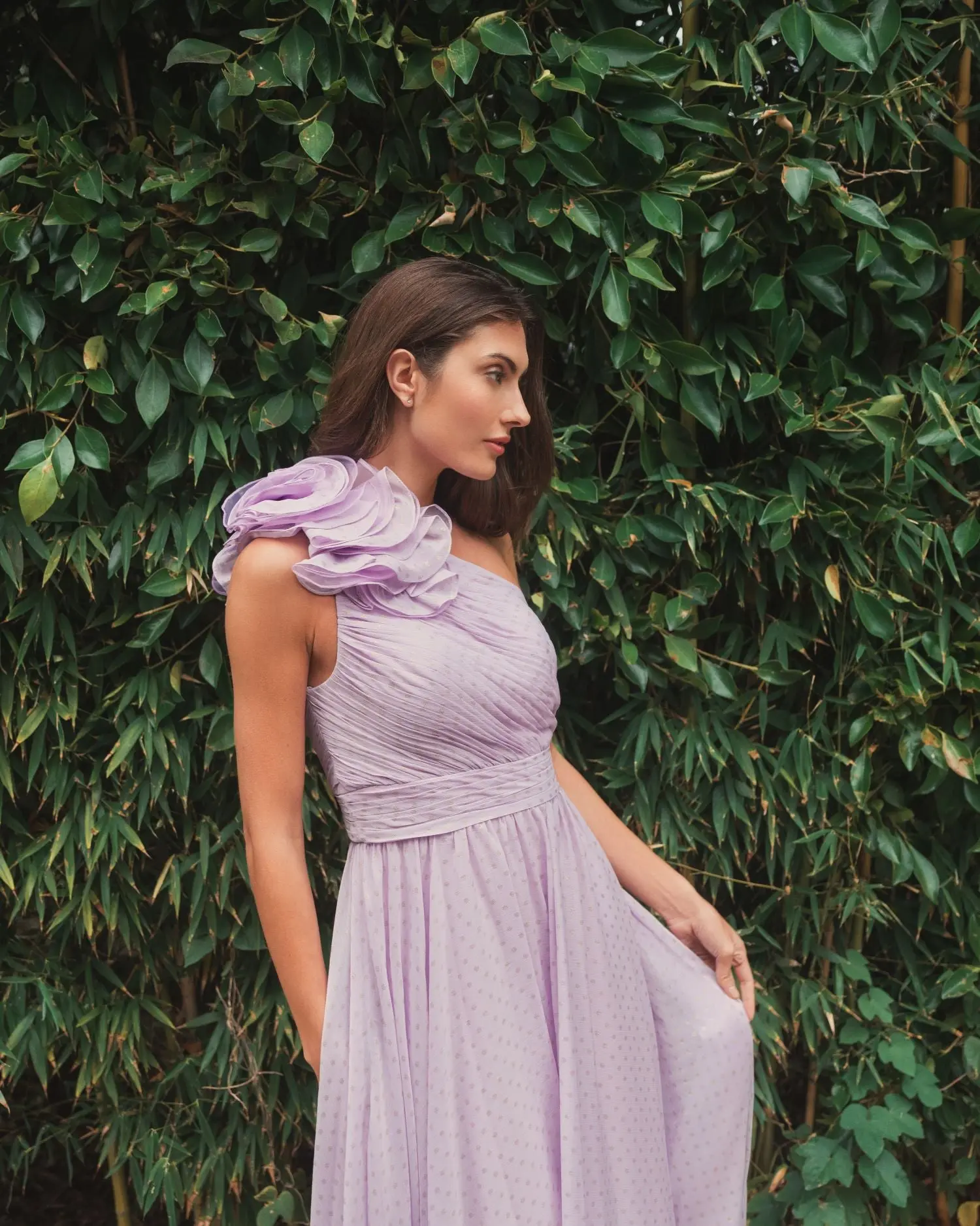 Purple Polka Dot Ruffled One Shoulder Gown