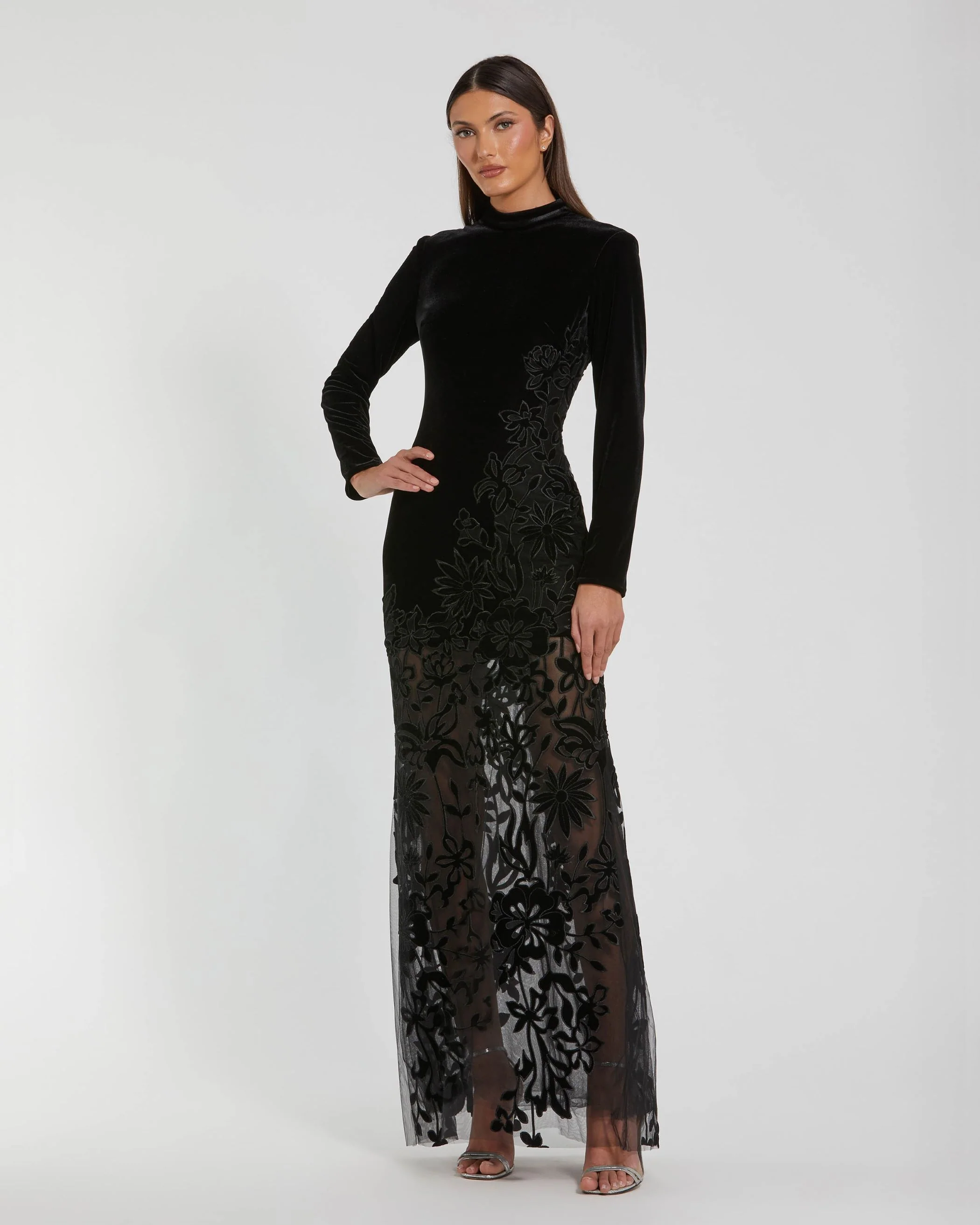 Black Long Sleeve Sheer Floral Embroidered Velvet Gown