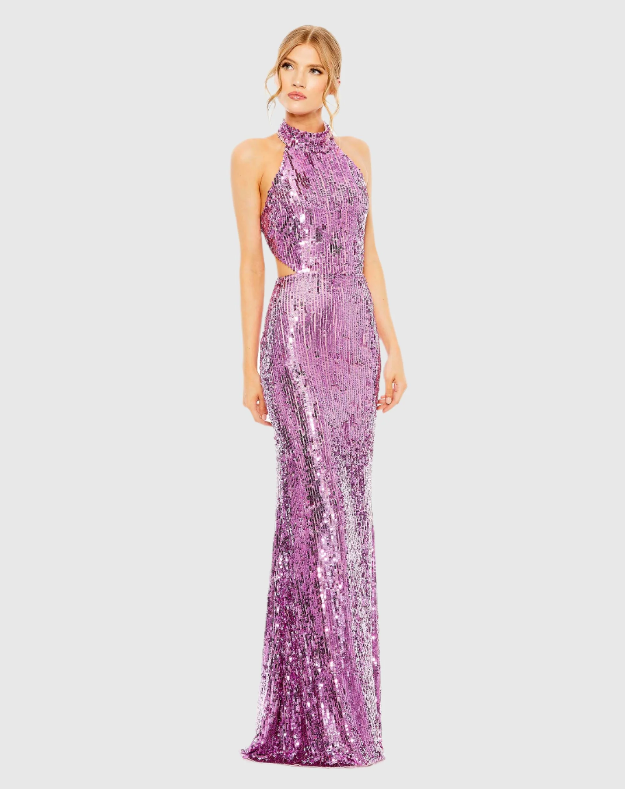 Purple Open Back High Neck Sequin Gown