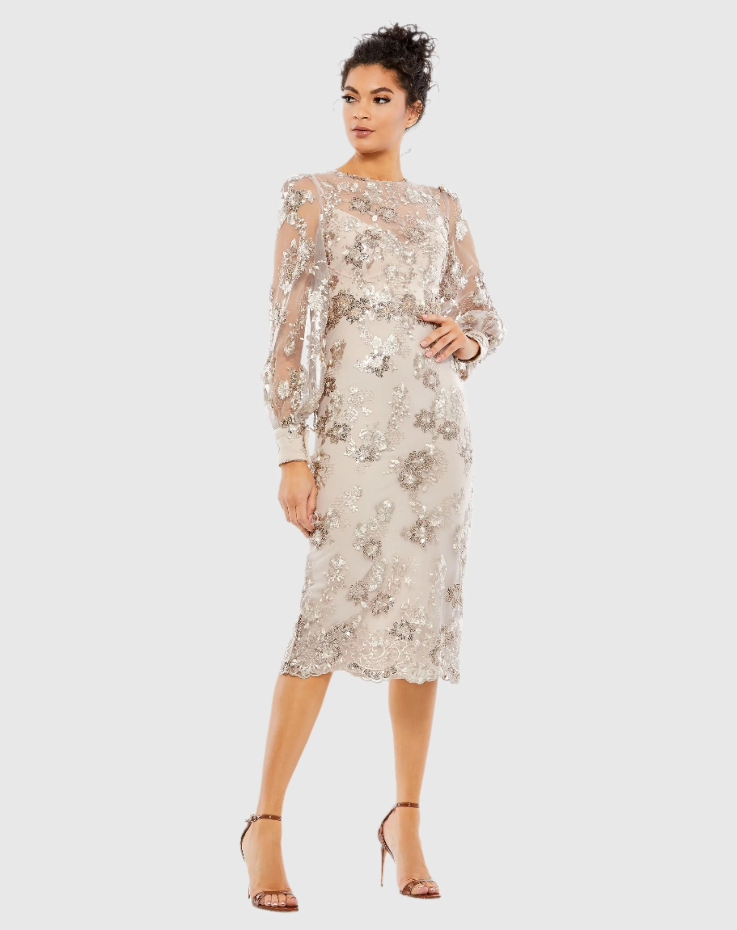 Embellished High Neck Illusion Long Sleeve Midi Dress