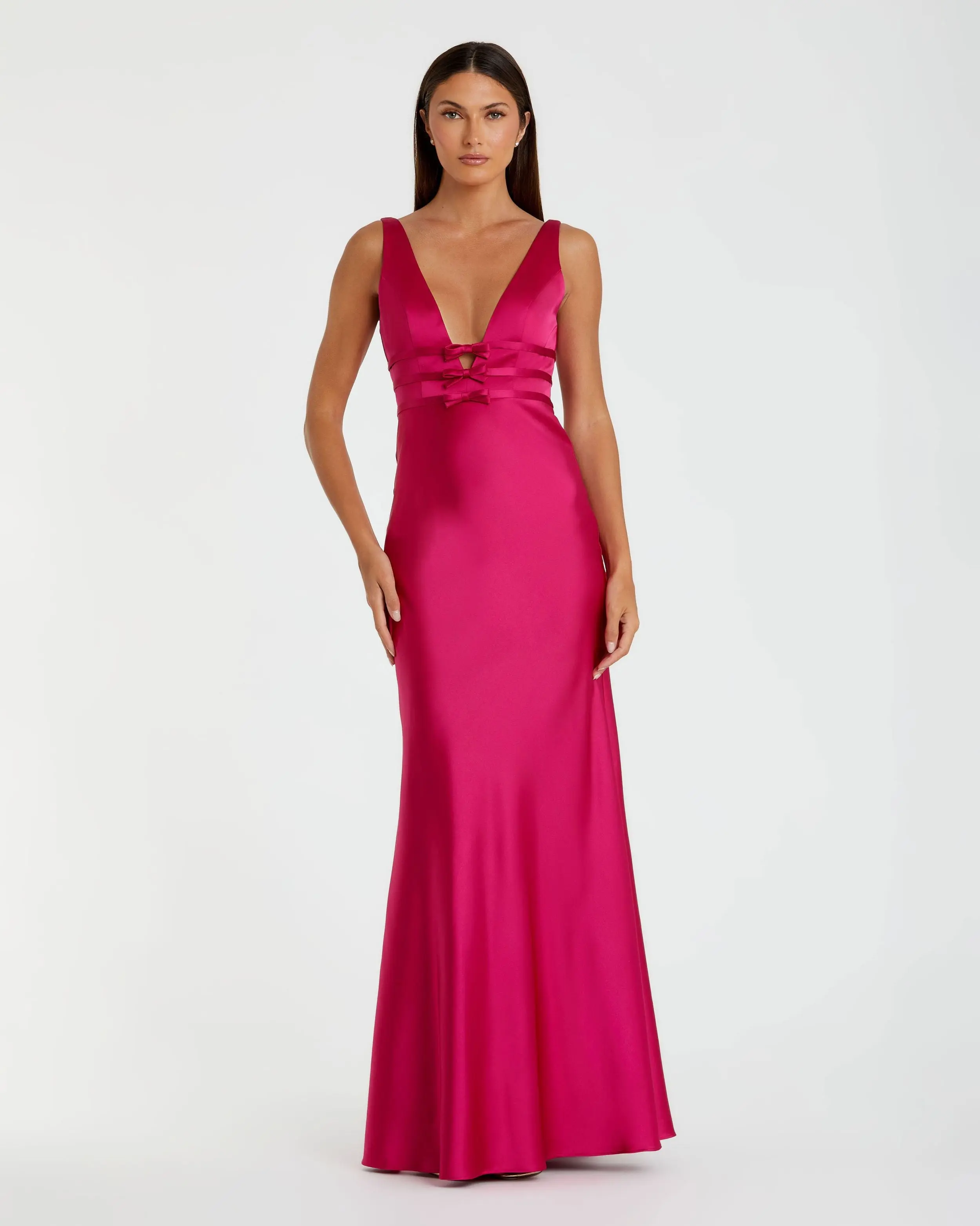 Purple Sleeveless V Neck Satin Gown With Bow Details