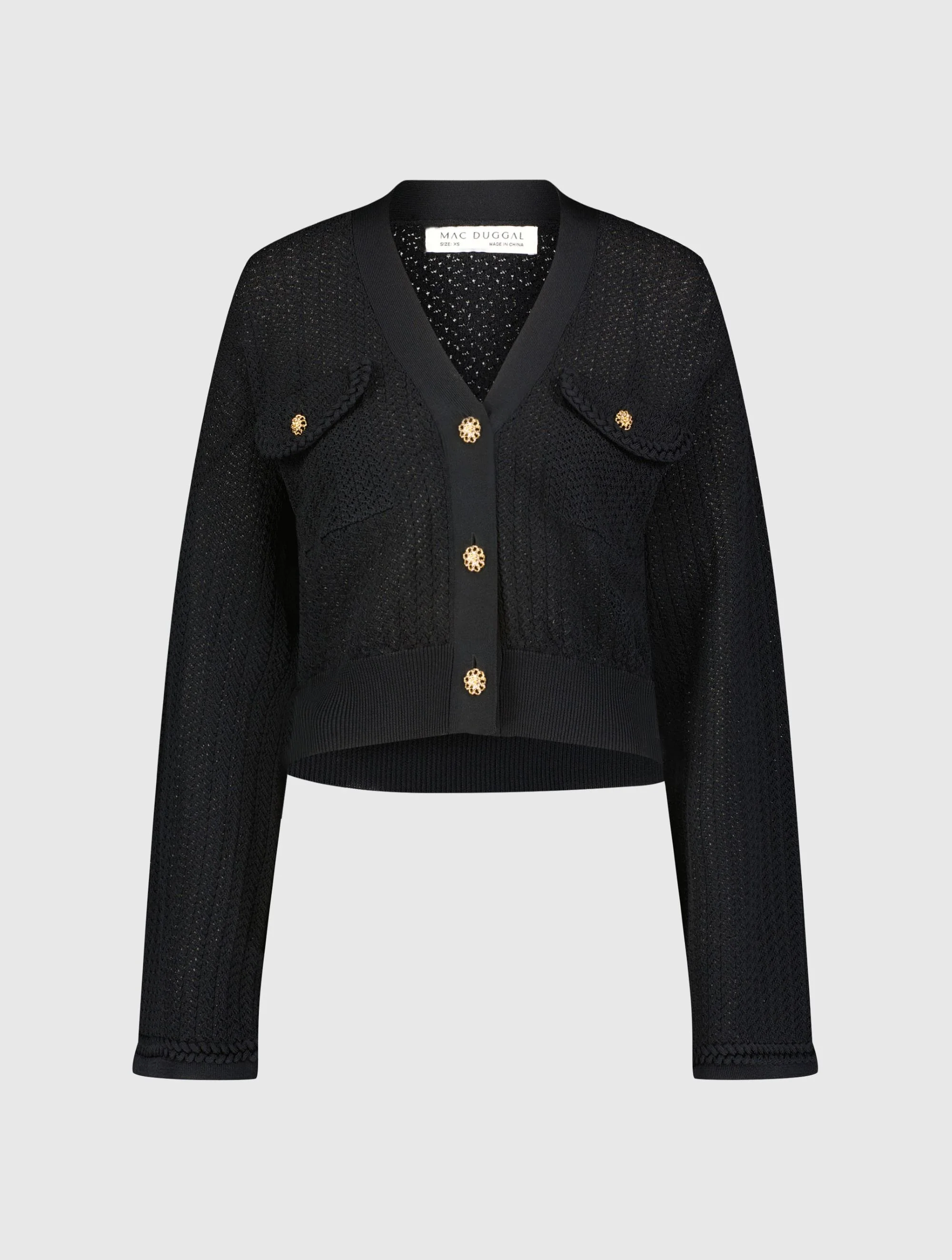 Crochet Knit Flare Long Sleeve Gold Button Cropped Cardigan - FINAL SALE