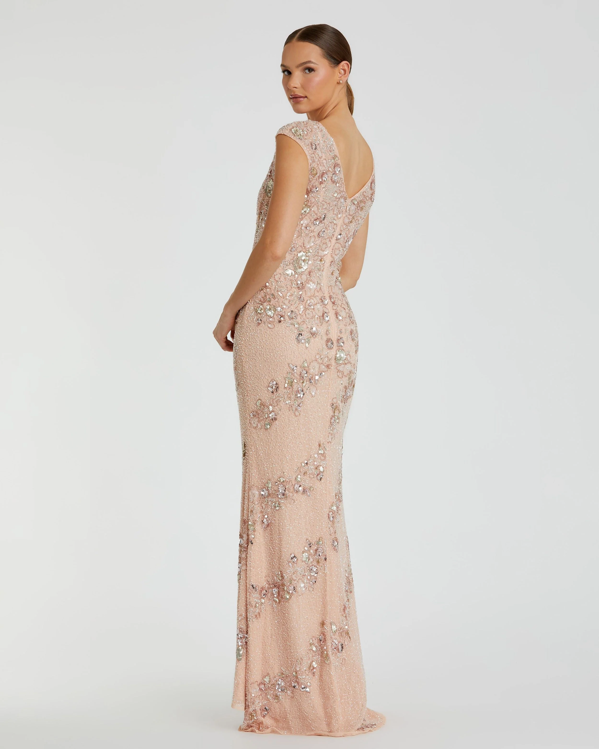 Embellished Bateau Neck Cap Sleeve Floral Beaded Column Gown